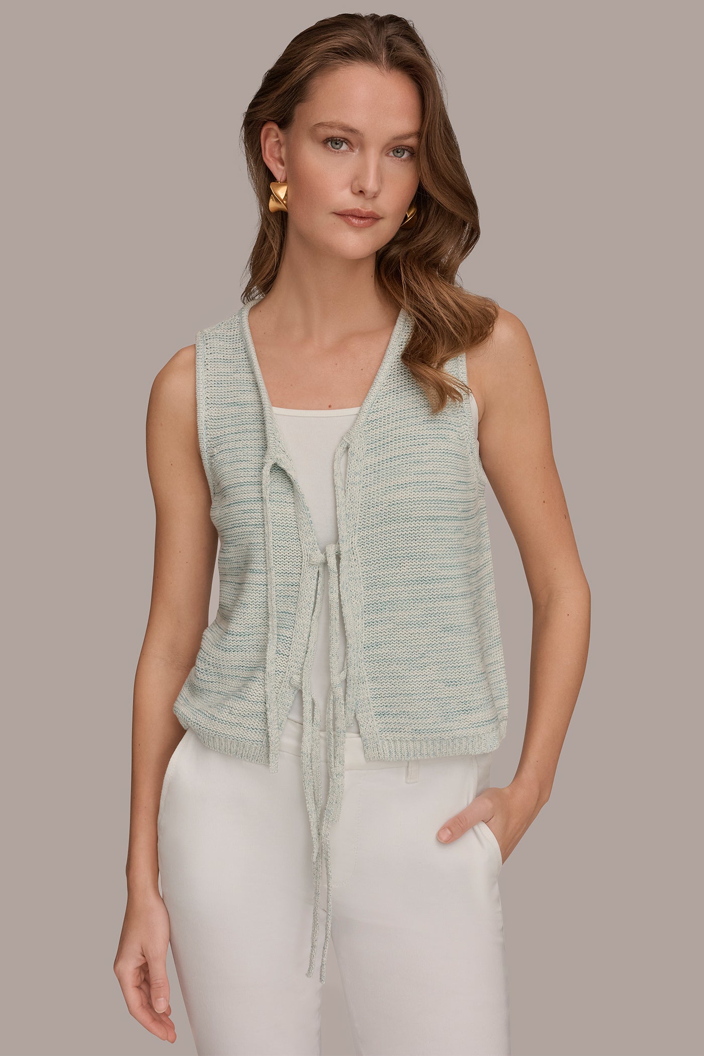 COTTON-BLEND SLEEVELESS TIE-FRONT CARDIGAN VIEW 4 | NEW DONNA KARAN WEEKEND