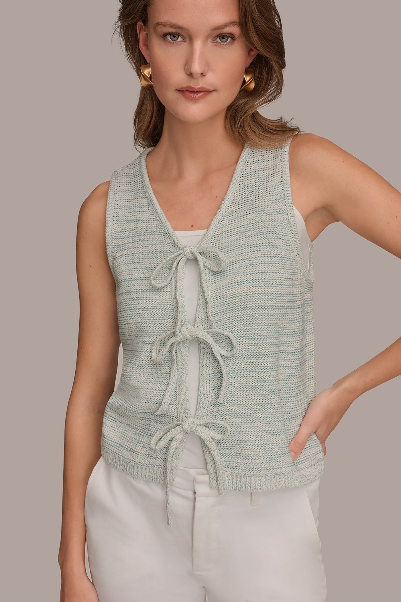 COTTON-BLEND SLEEVELESS TIE-FRONT CARDIGAN VIEW 5 | NEW DONNA KARAN WEEKEND