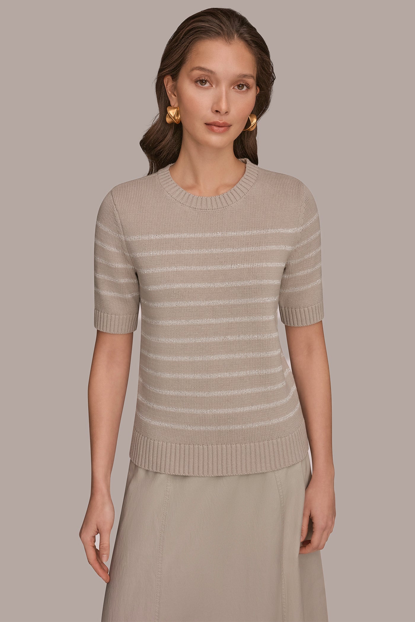 COTTON-BLEND SEQUIN STRIPE SWEATER | View 1 | Donna Karan Weekend