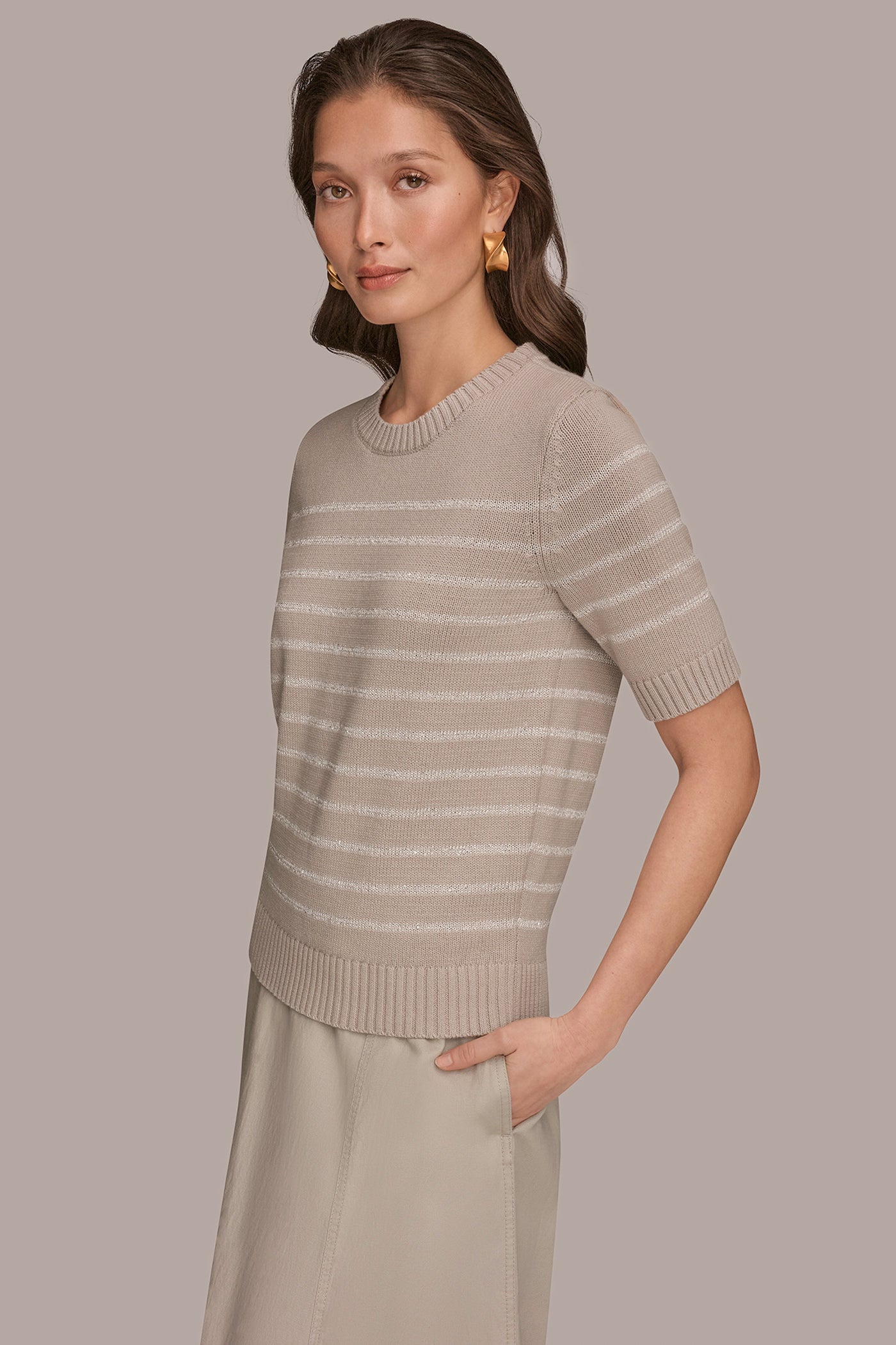 COTTON-BLEND SEQUIN STRIPE SWEATER VIEW 3 | Donna Karan Weekend