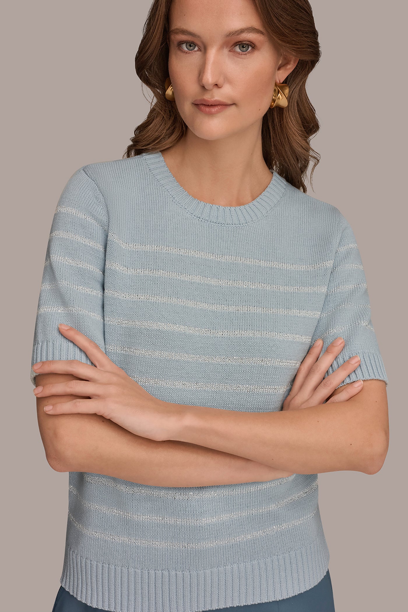 COTTON-BLEND SEQUIN STRIPE SWEATER VIEW 4 | Donna Karan Weekend