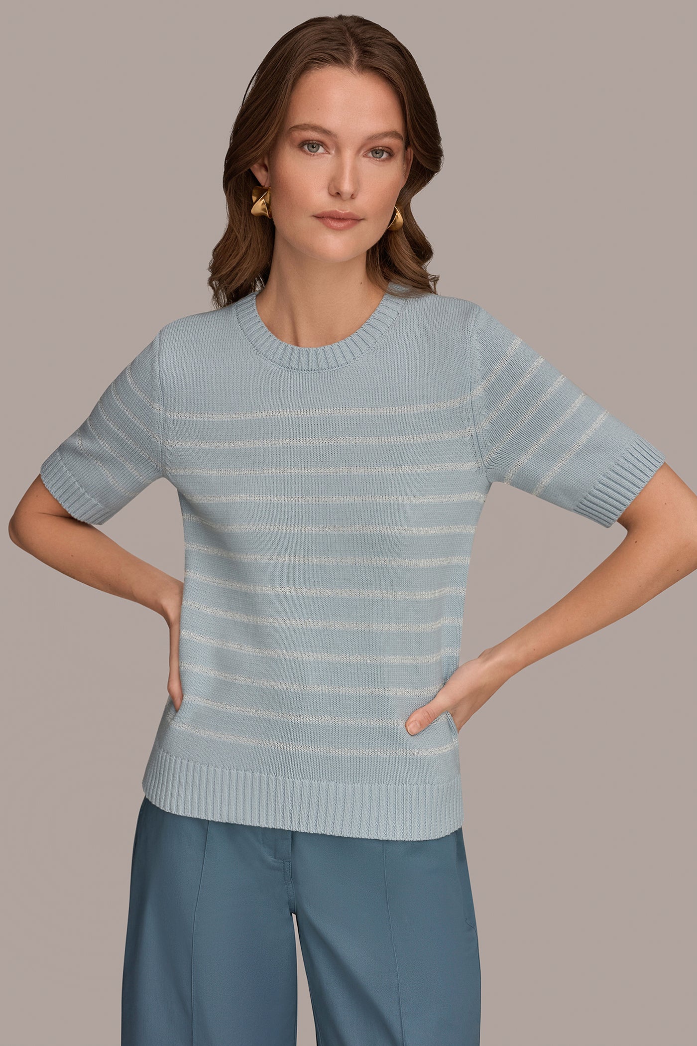 COTTON-BLEND SEQUIN STRIPE SWEATER | View 1 | Donna Karan Weekend