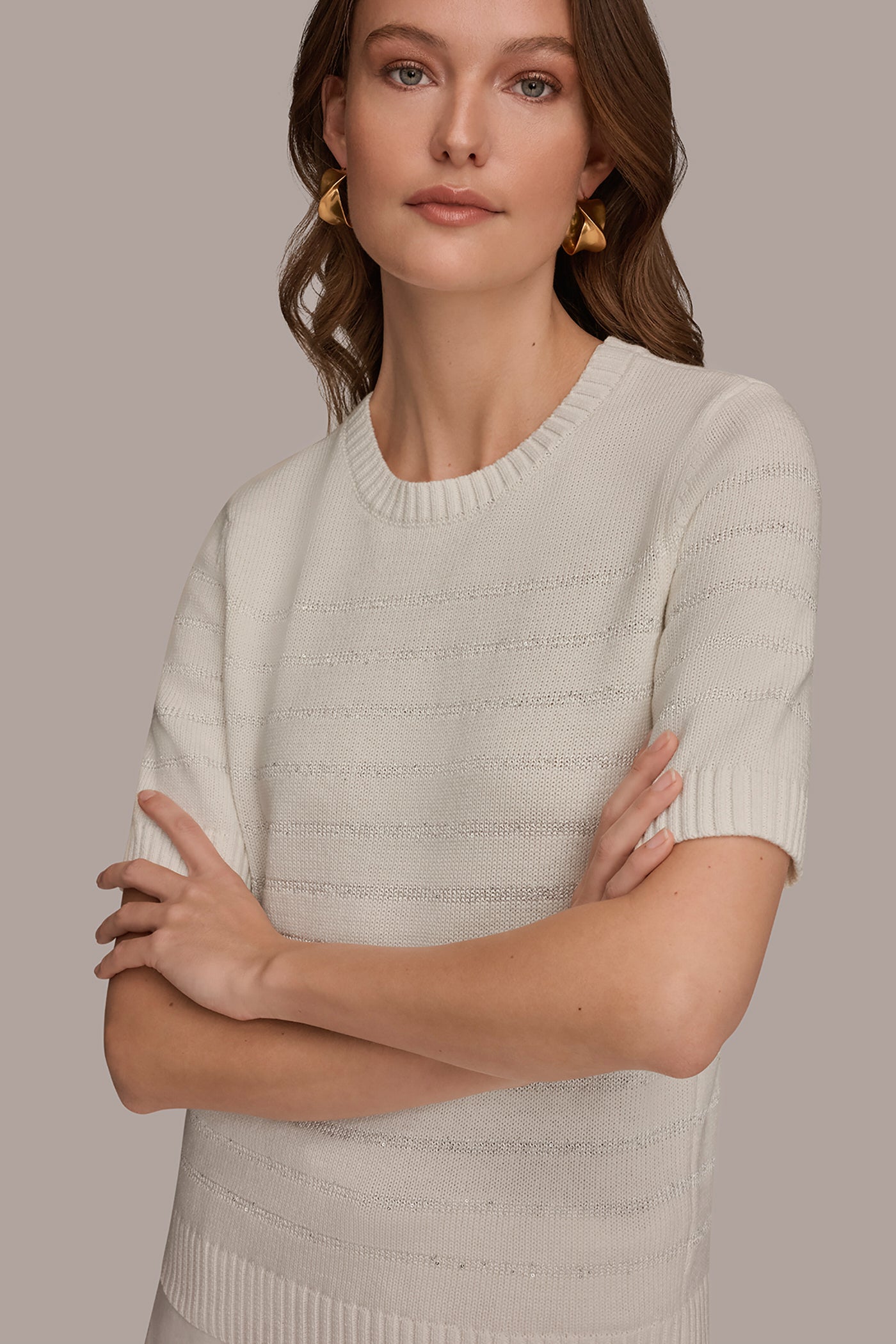 COTTON-BLEND SEQUIN STRIPE SWEATER VIEW 4 | Donna Karan Weekend