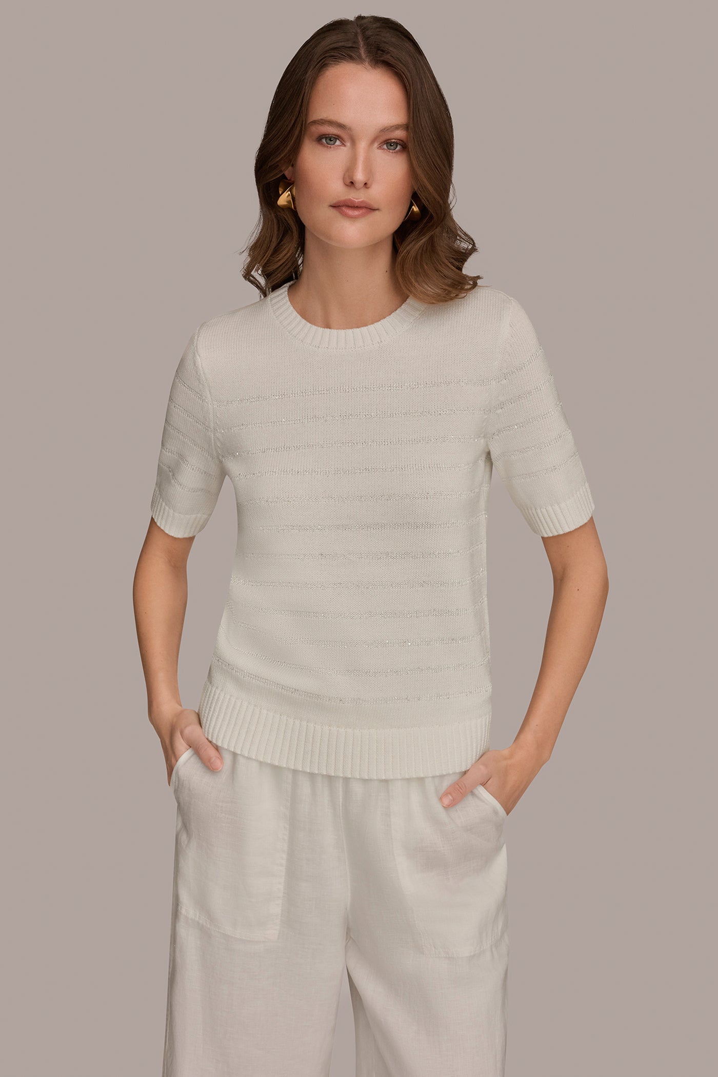 COTTON-BLEND SEQUIN STRIPE SWEATER | View 1 | Donna Karan Weekend