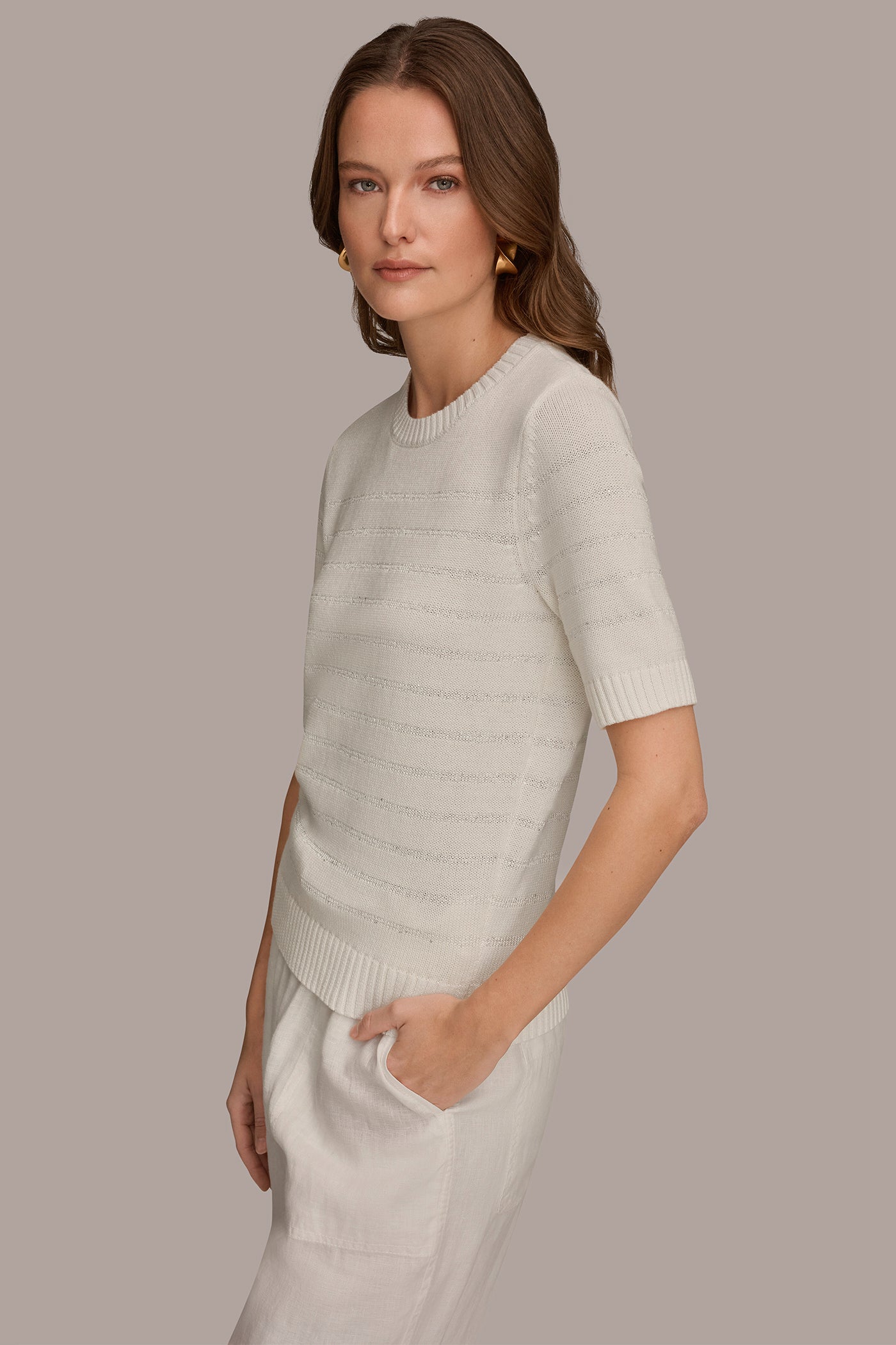 COTTON-BLEND SEQUIN STRIPE SWEATER VIEW 3 | Donna Karan Weekend