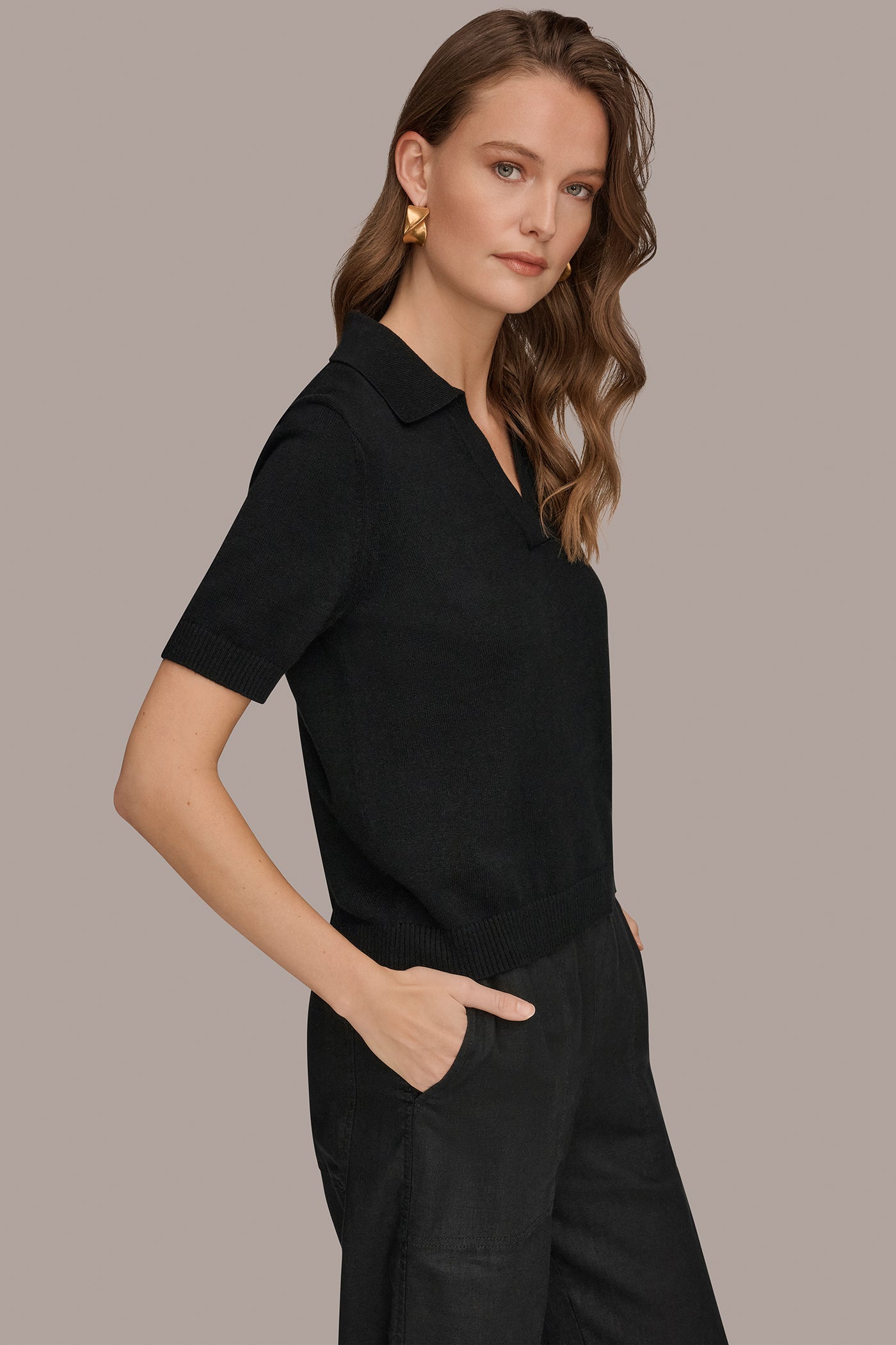 COTTON AND CASHMERE POLO SWEATER VIEW 3 | Donna Karan Weekend Tops