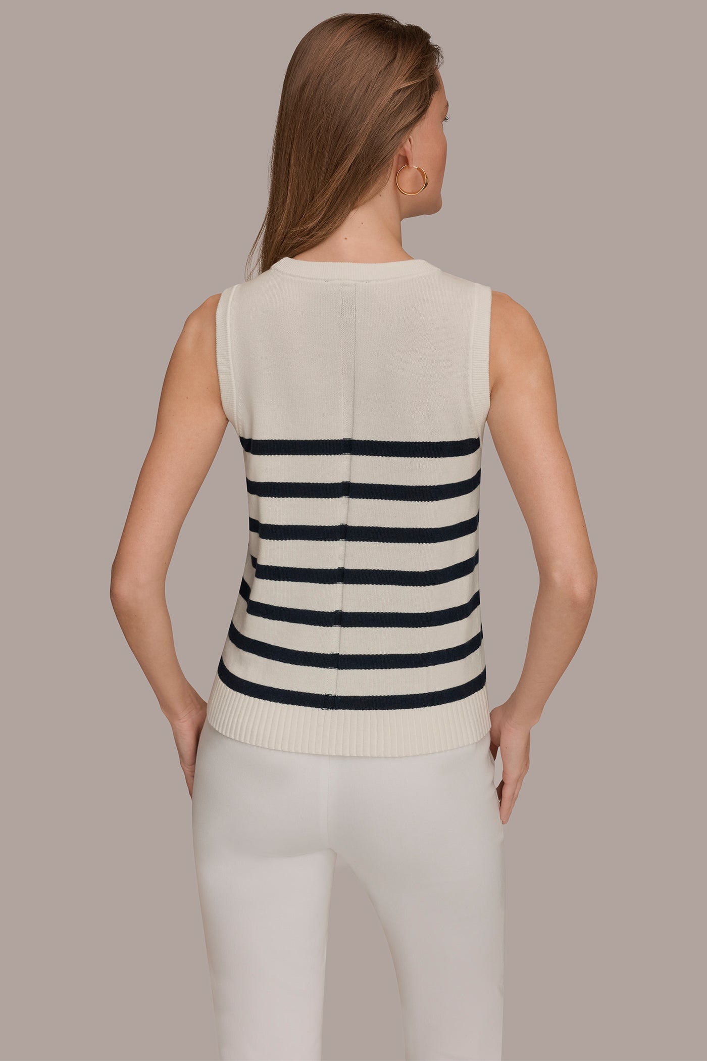 COTTON AND CASHMERE SLEEVELESS STRIPED SWEATER | View 2 | Donna Karan Weekend Tops