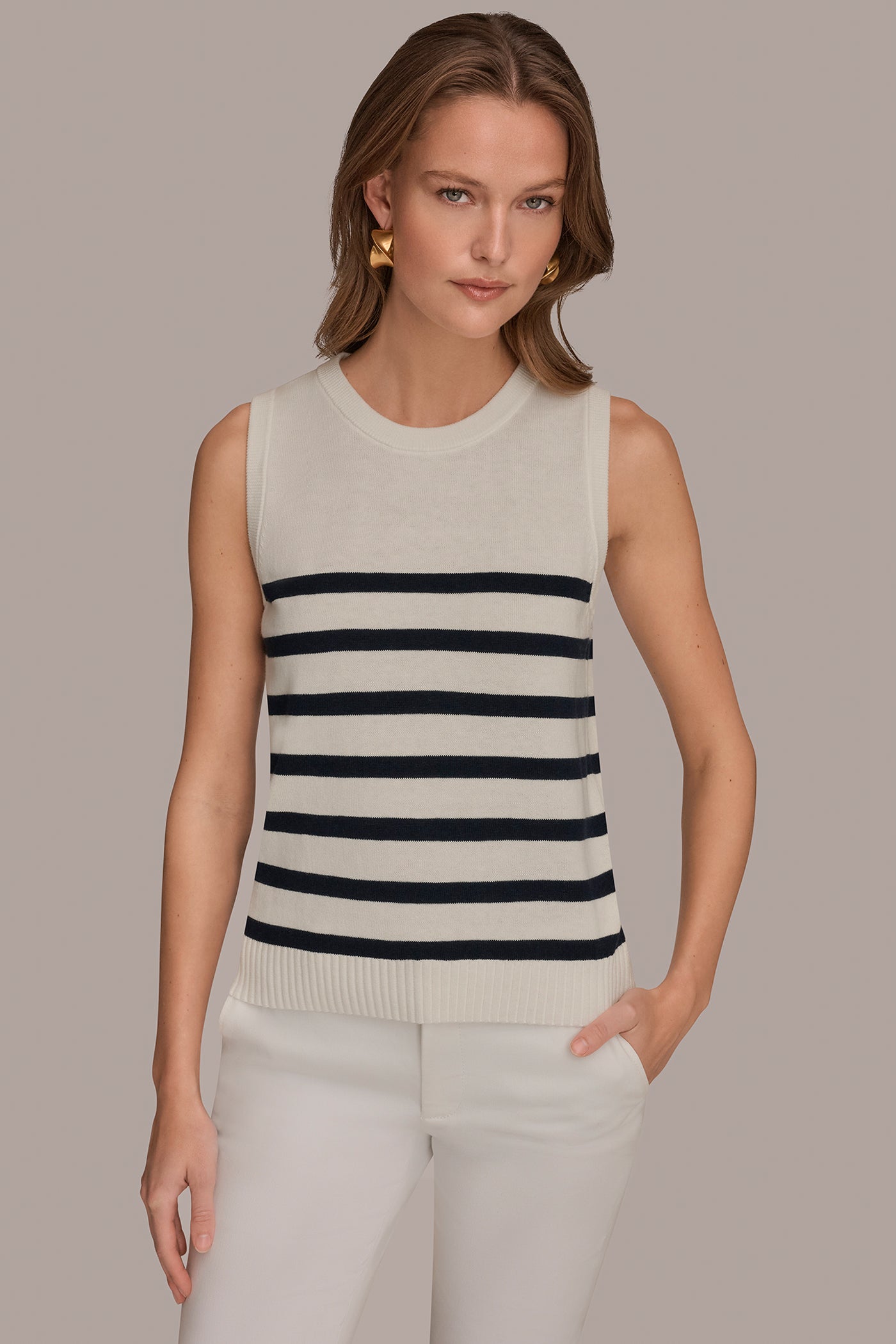 COTTON AND CASHMERE SLEEVELESS STRIPED SWEATER | View 1 | Donna Karan Weekend Tops