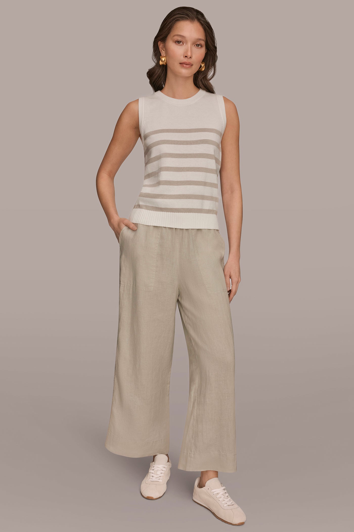 COTTON AND CASHMERE SLEEVELESS STRIPED SWEATER VIEW 6 | Donna Karan Weekend Tops
