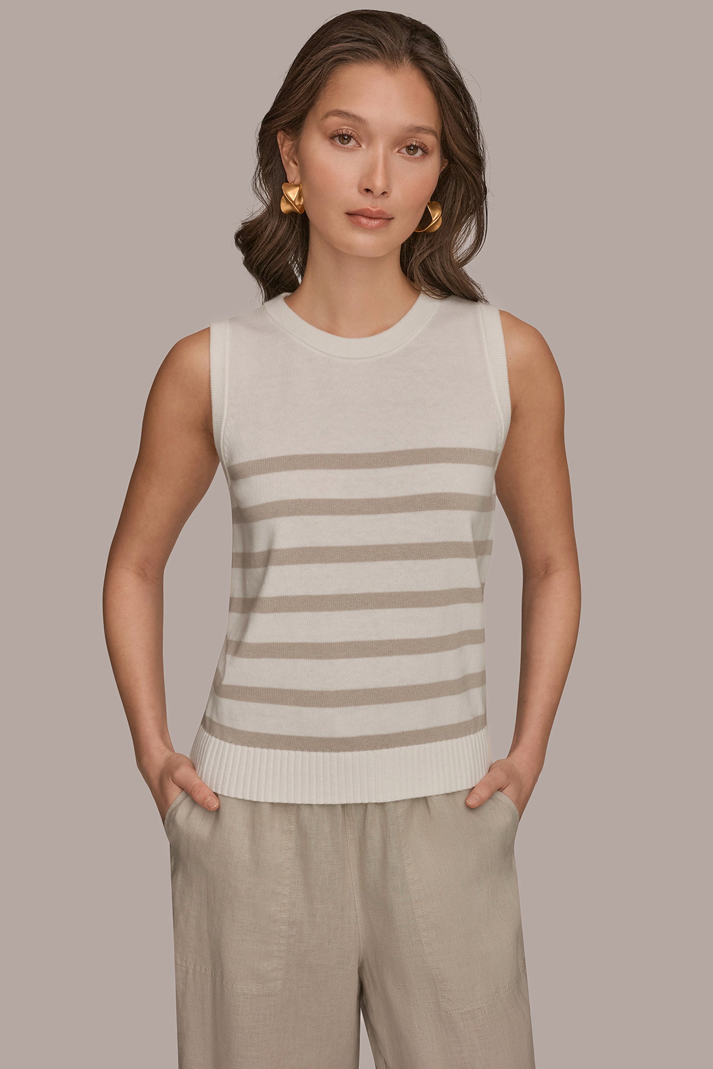 COTTON AND CASHMERE SLEEVELESS STRIPED SWEATER | View 1 | Donna Karan Weekend Tops