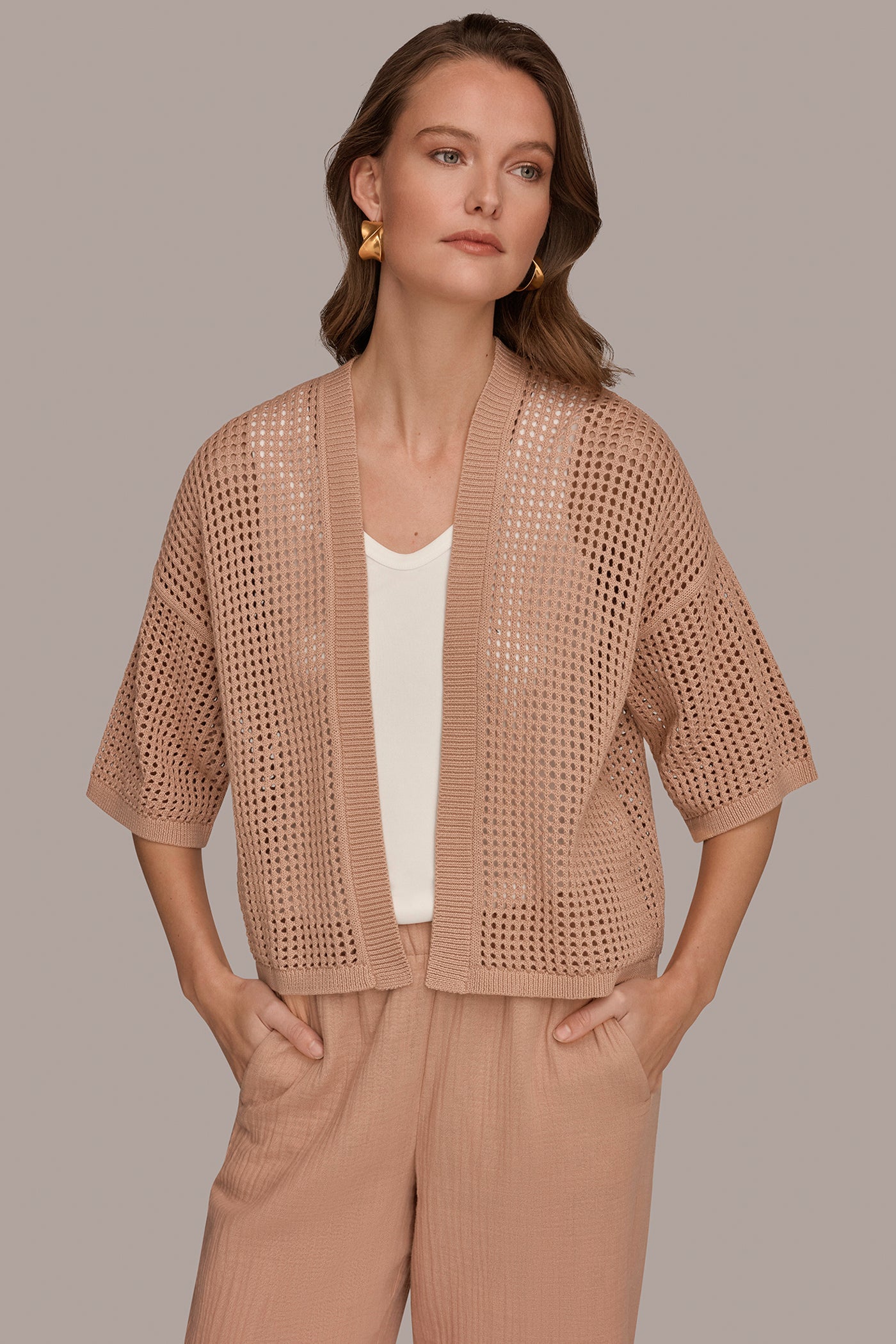 COTTON OPEN STITCH CARDIGAN | View 1 | Donna Karan Weekend