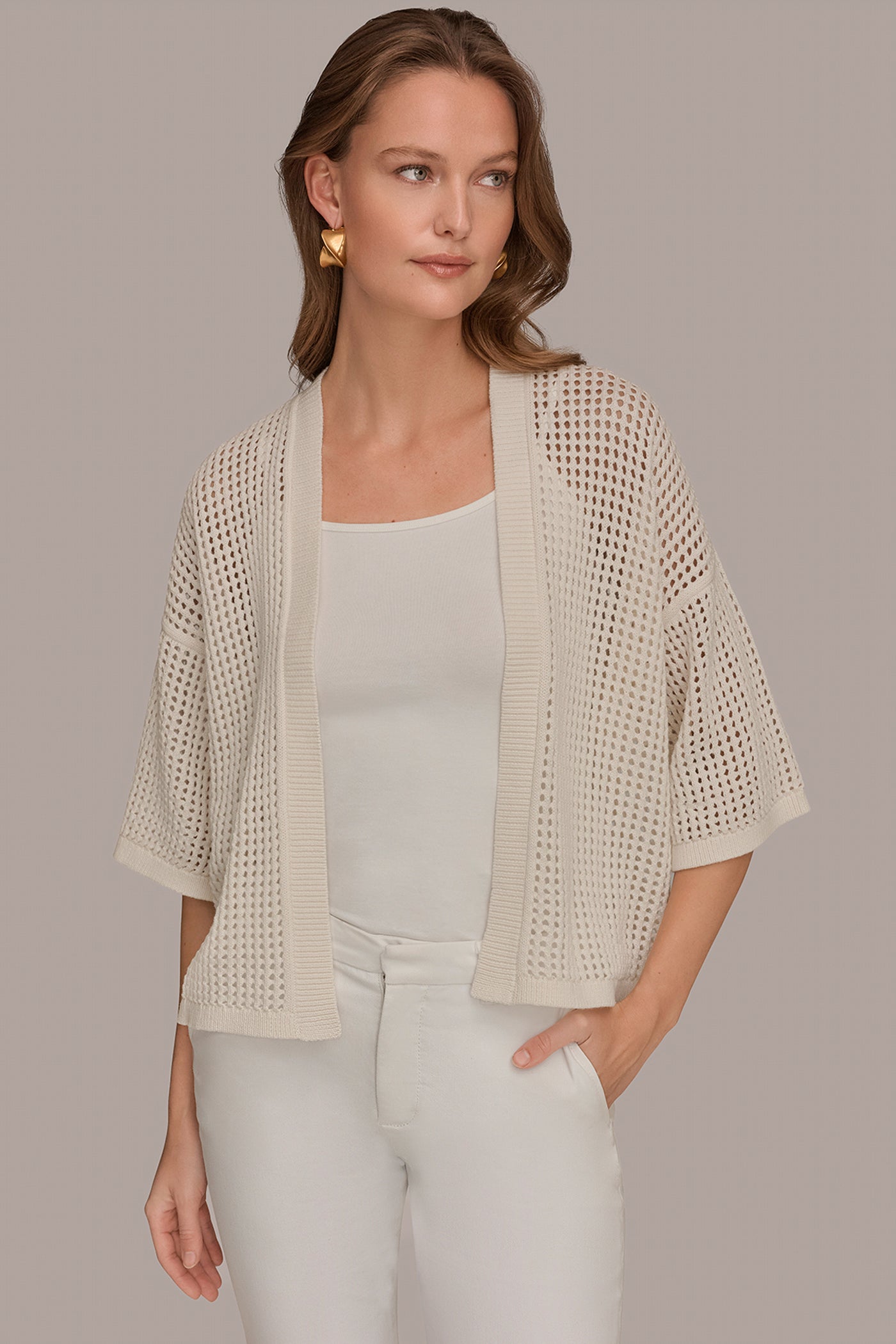 COTTON OPEN STITCH CARDIGAN | View 1 | Donna Karan Weekend
