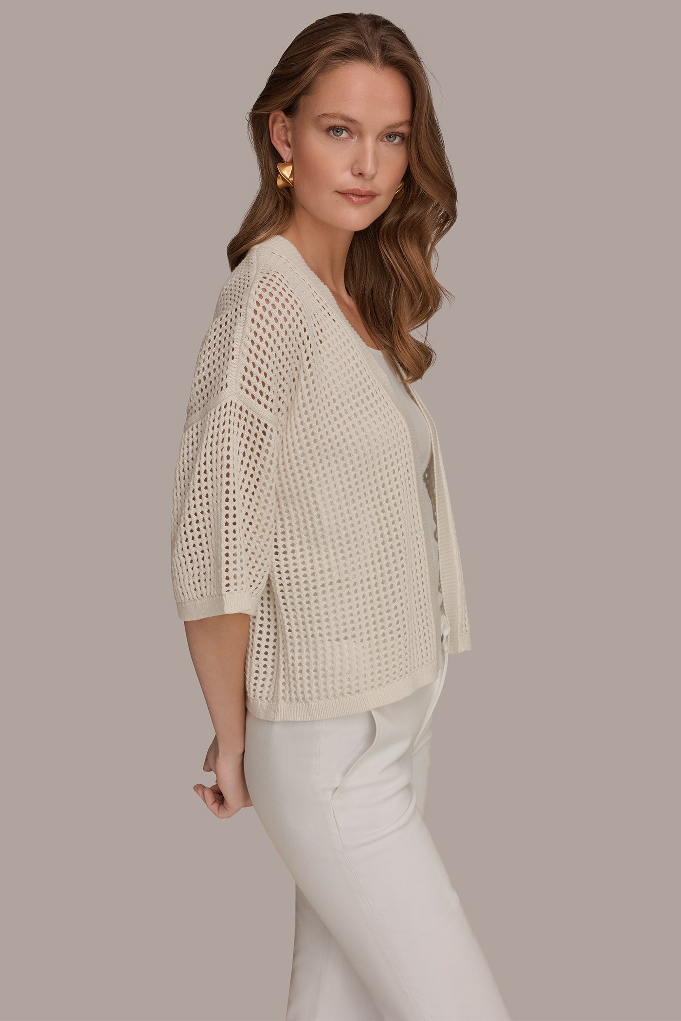 COTTON OPEN STITCH CARDIGAN VIEW 3 | Donna Karan Weekend
