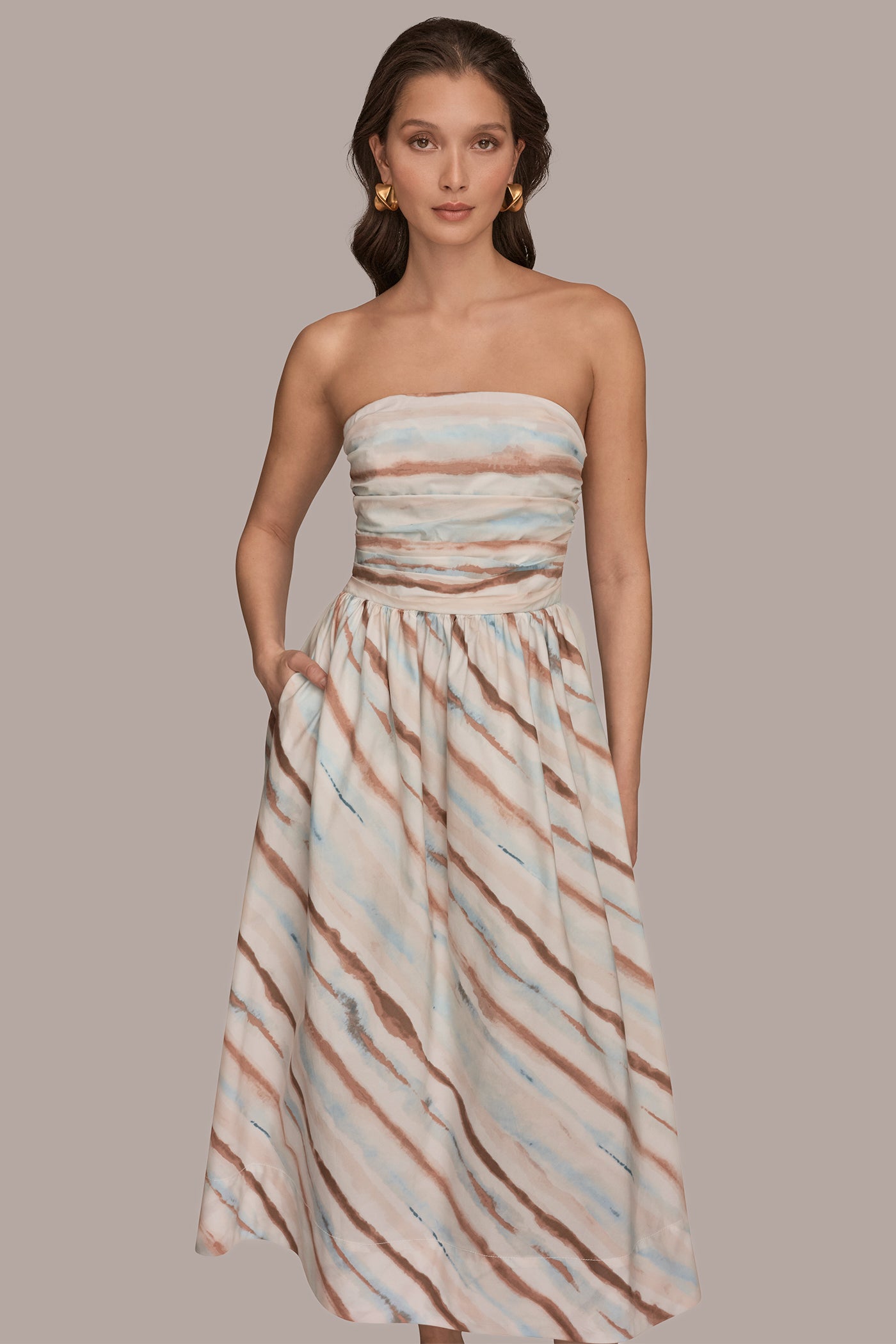 STRETCH COTTON-POPLIN STRAPLESS PRINTED MIDI DRESS VIEW 6 | Donna Karan Weekend Dresses