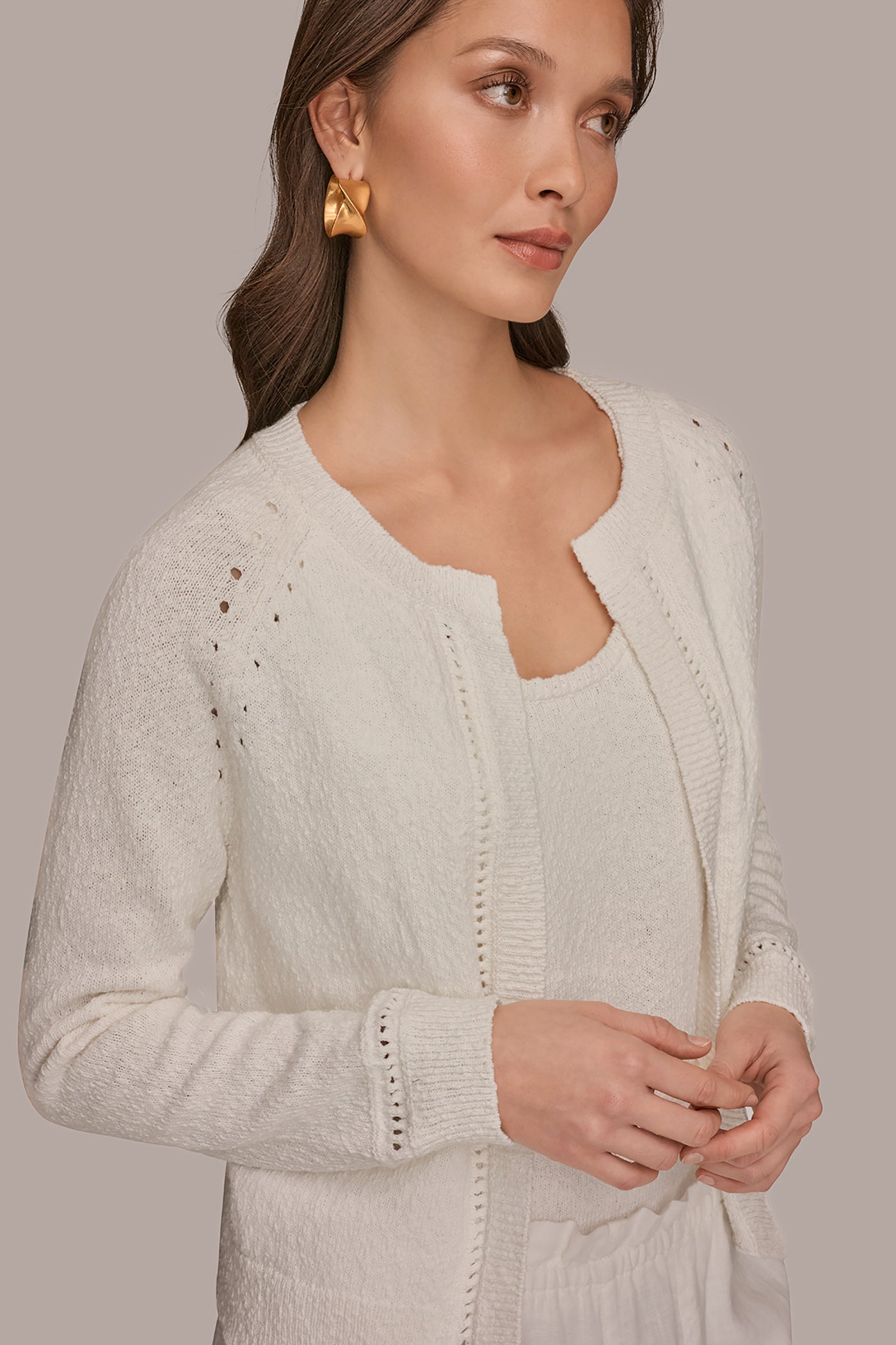 COTTON POINTELLE TRIM CARDIGAN VIEW 4 | Donna Karan Weekend Tops