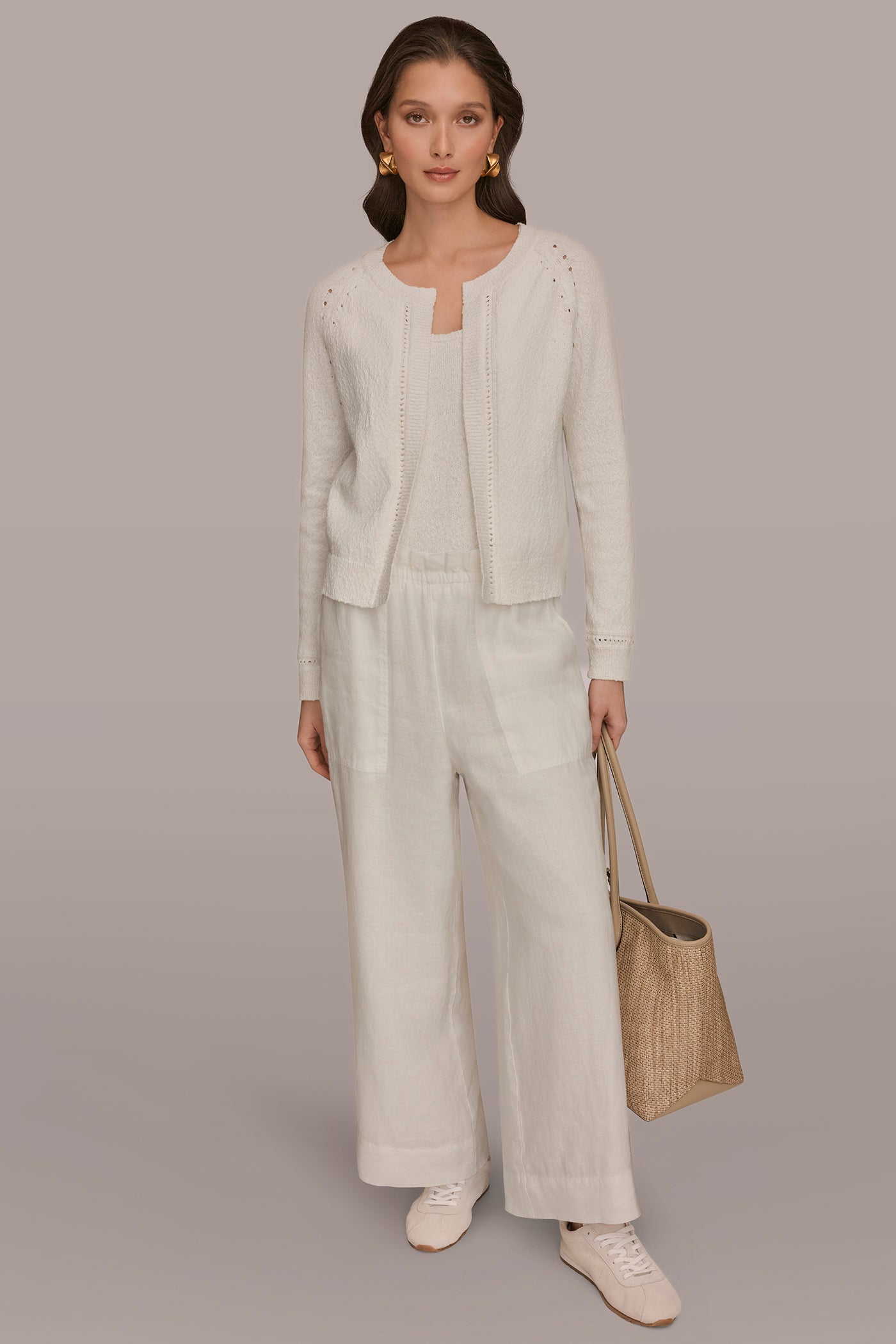 COTTON POINTELLE TRIM CARDIGAN VIEW 6 | Donna Karan Weekend Tops
