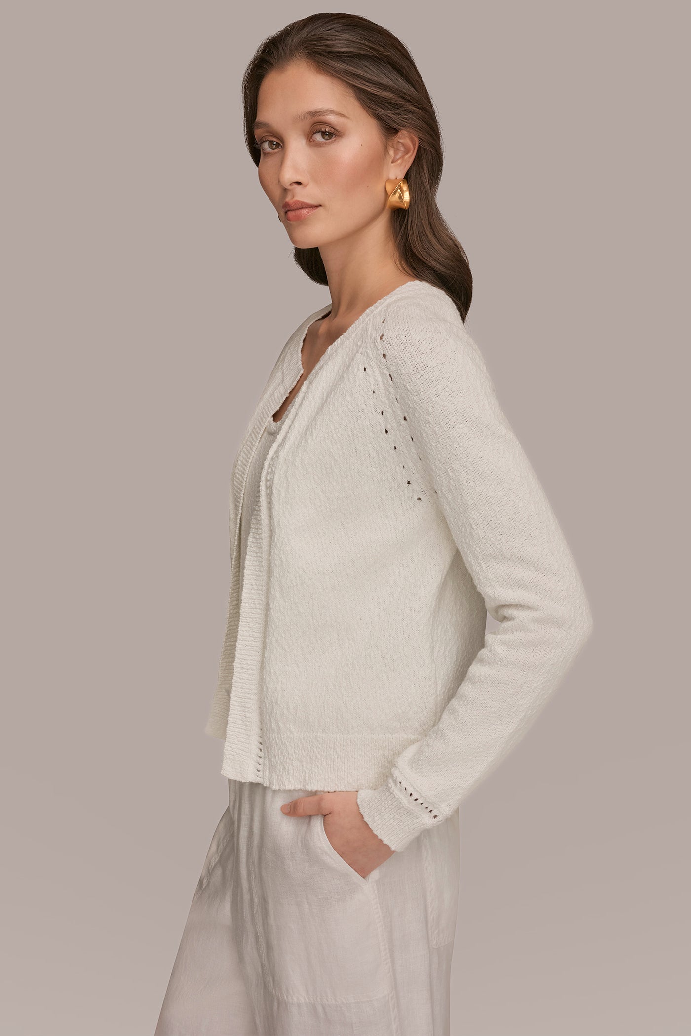 COTTON POINTELLE TRIM CARDIGAN VIEW 3 | Donna Karan Weekend Tops