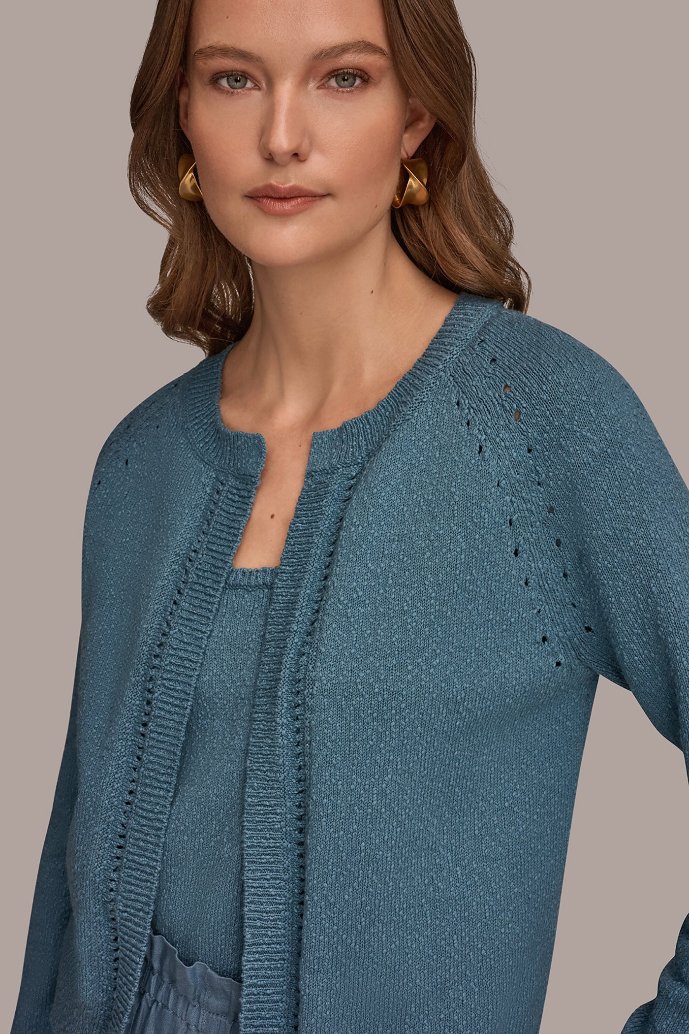 COTTON POINTELLE TRIM CARDIGAN VIEW 4 | Donna Karan Weekend Tops
