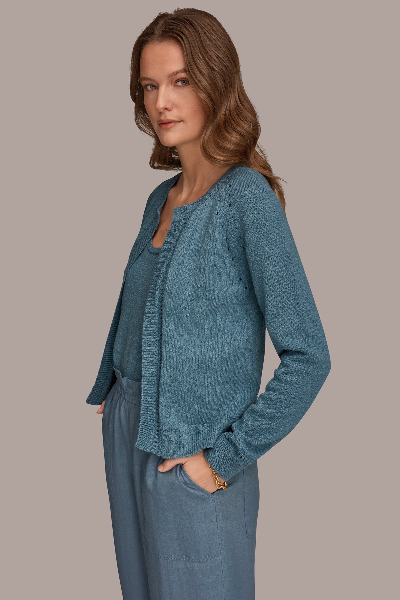 COTTON POINTELLE TRIM CARDIGAN VIEW 3 | Donna Karan Weekend Tops