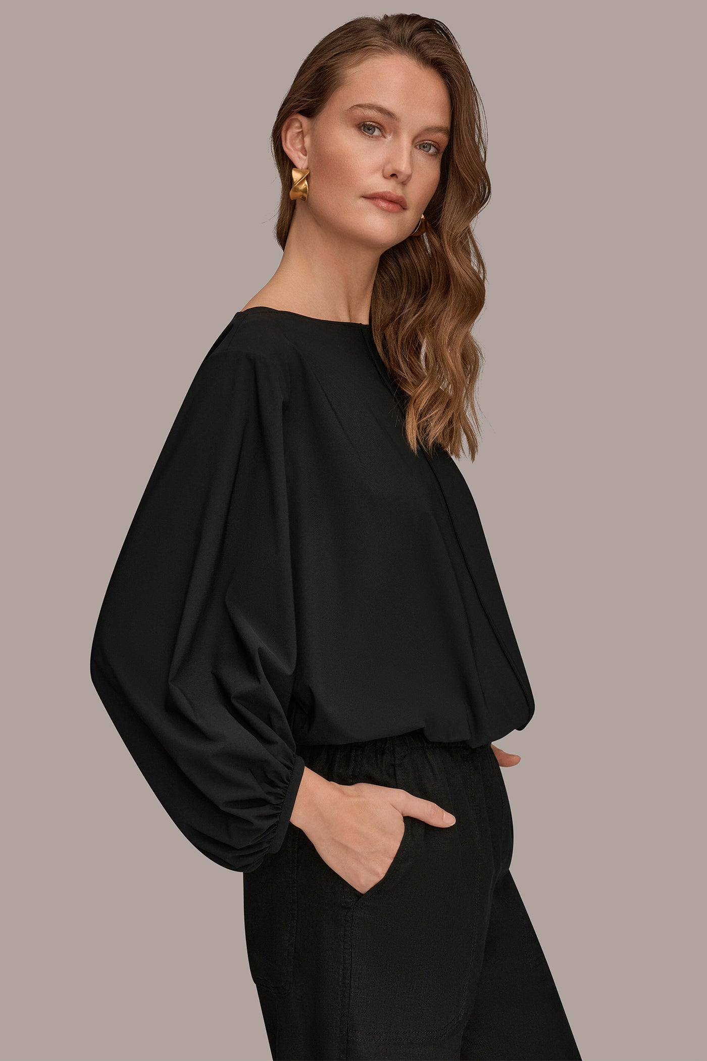 CROPPED BALLOON SLEEVE BLOUSE VIEW 3 | Donna Karan Weekend Tops