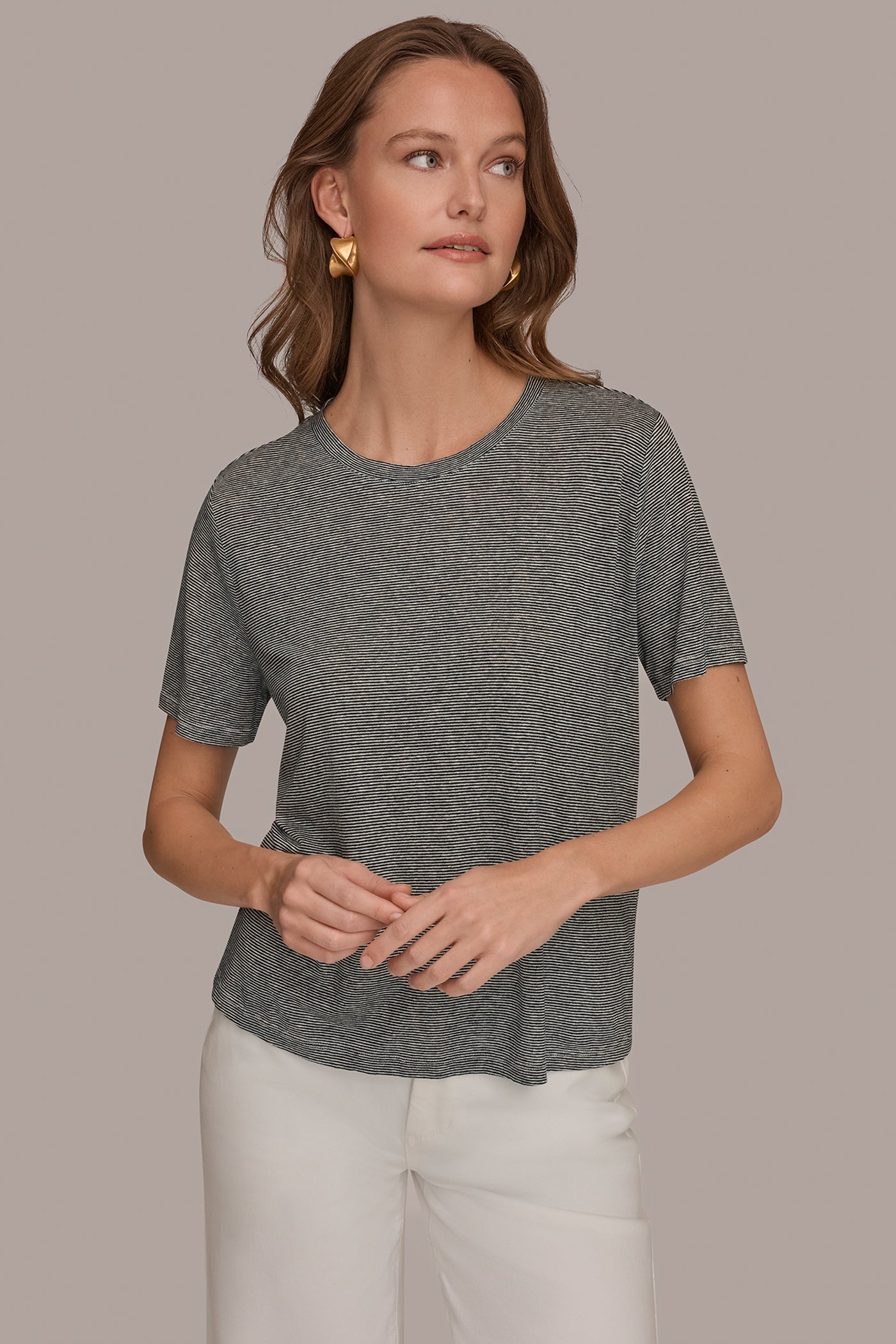 LINEN AND MODAL-BLEND STRIPED TEE | View 1 | Donna Karan Weekend Tops