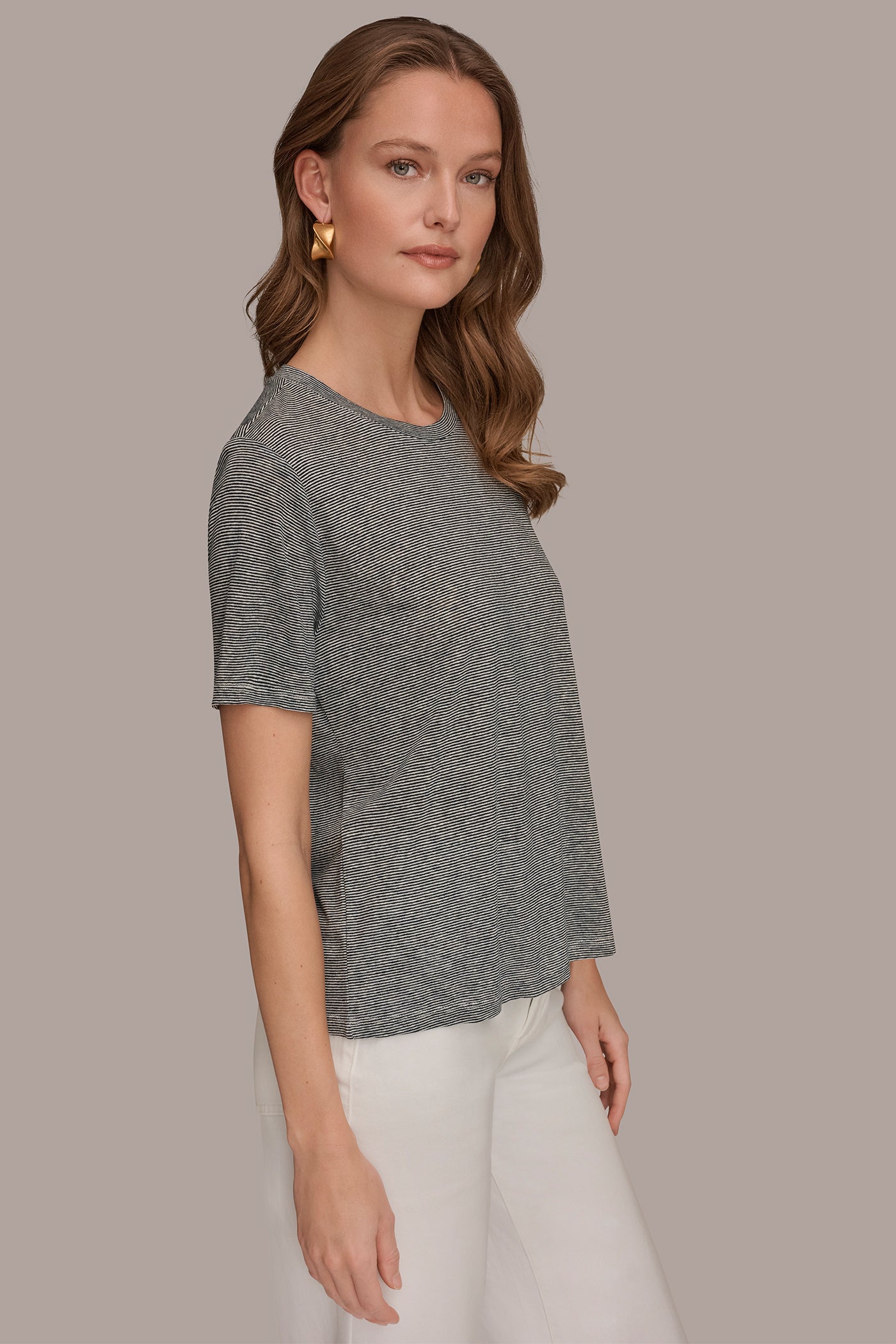 LINEN AND MODAL-BLEND STRIPED TEE VIEW 3 | Donna Karan Weekend Tops