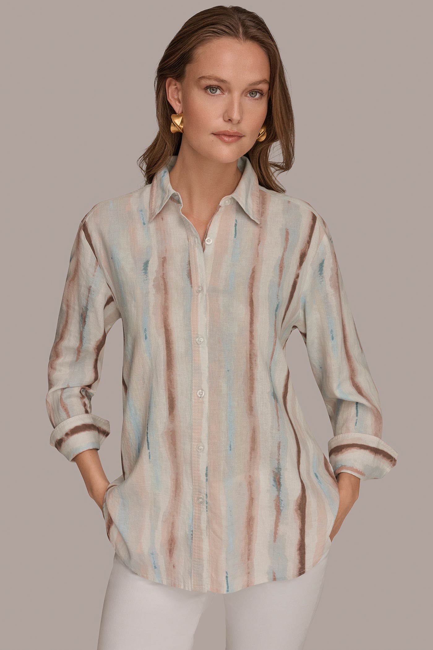 LINEN-BLEND STRIPED SHIRT | View 1 | Donna Karan Weekend