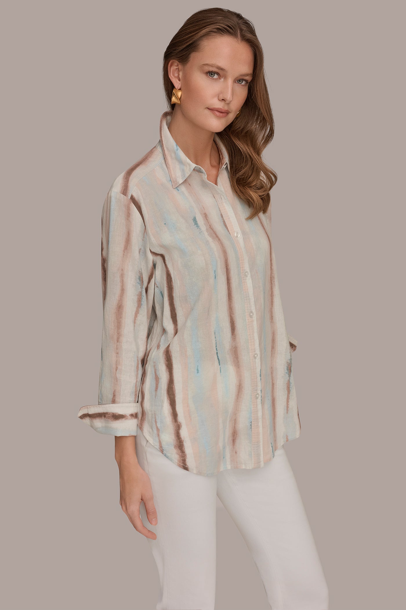 LINEN-BLEND STRIPED SHIRT VIEW 3 | Donna Karan Weekend