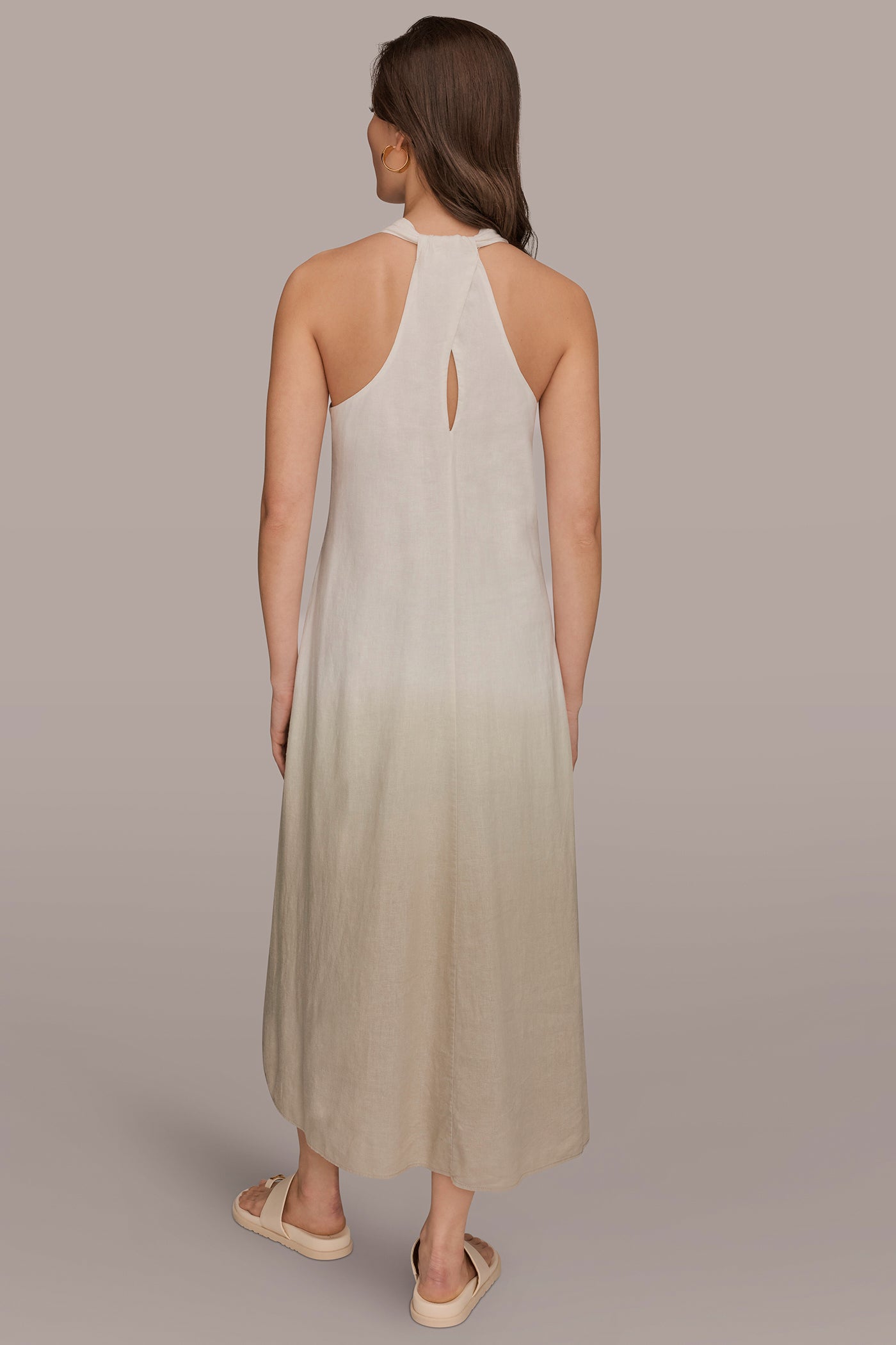 LINEN-BLEND SLEEVELESS OMBRÉ TWIST-BACK MIDI HALTER DRESS | View 2 | NEW DONNA KARAN WEEKEND