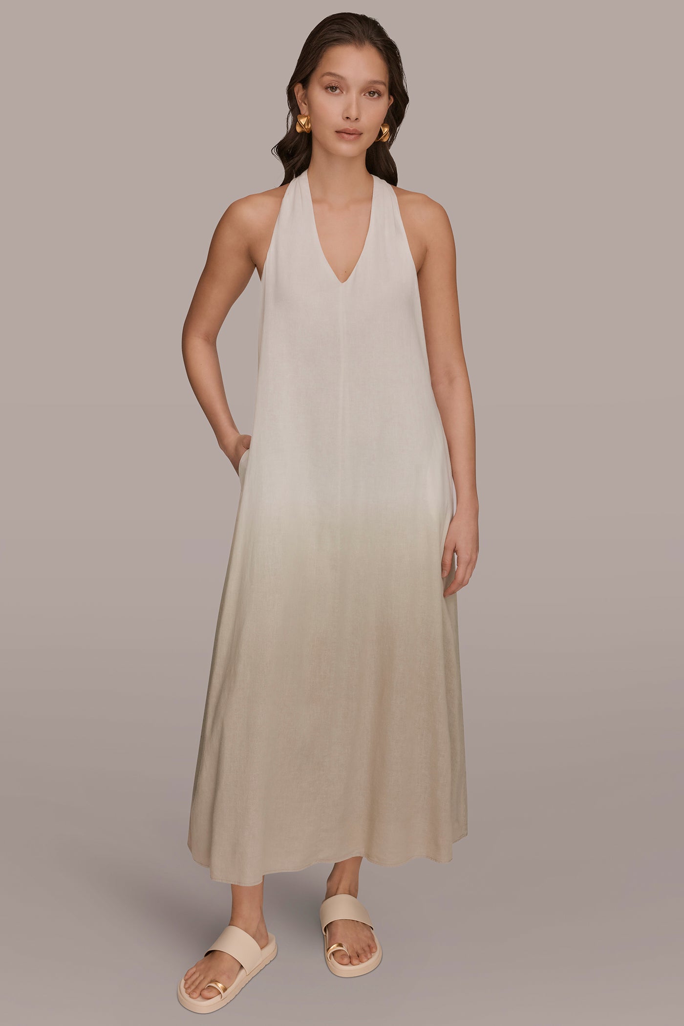 LINEN-BLEND SLEEVELESS OMBRÉ TWIST-BACK MIDI HALTER DRESS | View 1 | NEW DONNA KARAN WEEKEND
