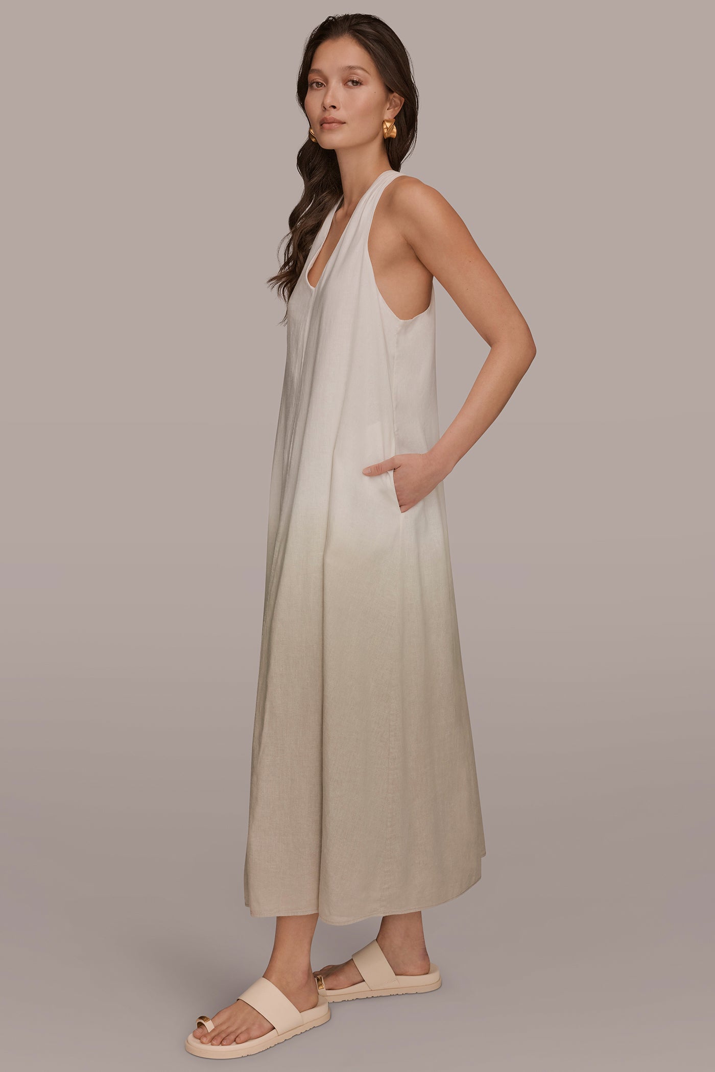 LINEN-BLEND SLEEVELESS OMBRÉ TWIST-BACK MIDI HALTER DRESS VIEW 3 | New clothing