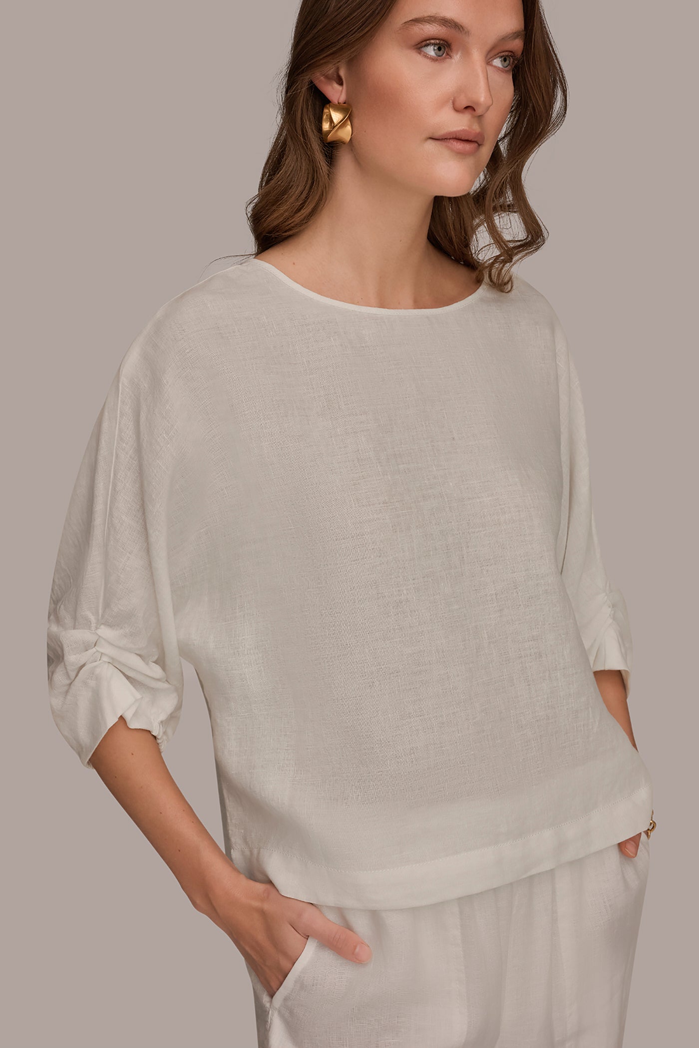LINEN TWIST CUFF SLEEVE BLOUSE VIEW 4 | Donna Karan Weekend Tops