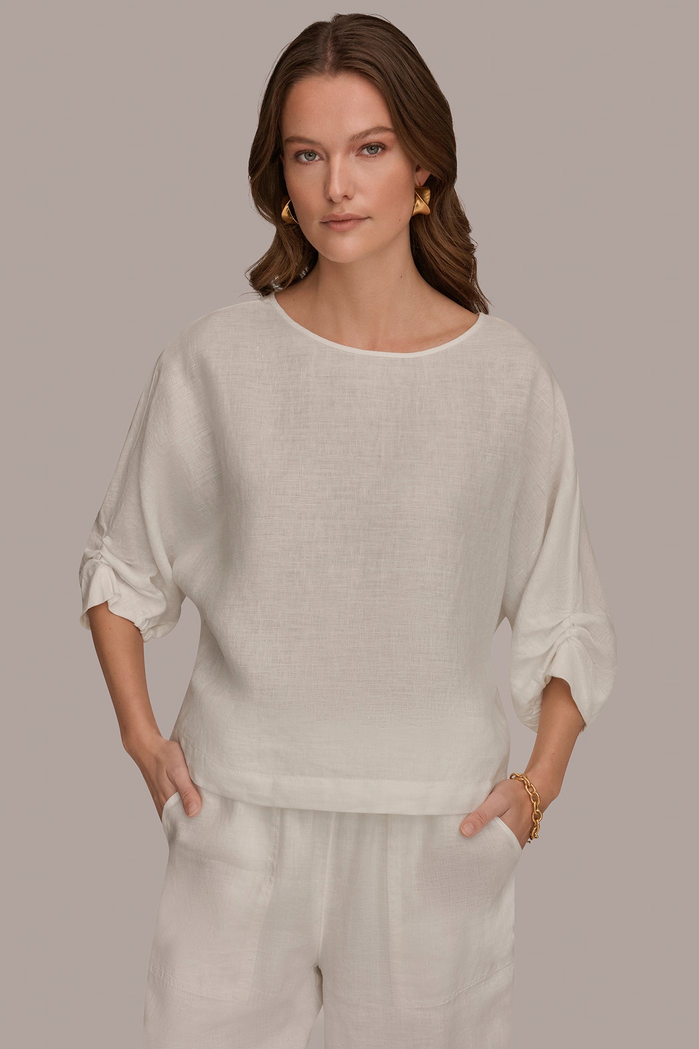 LINEN TWIST CUFF SLEEVE BLOUSE | View 1 | Donna Karan Weekend Tops