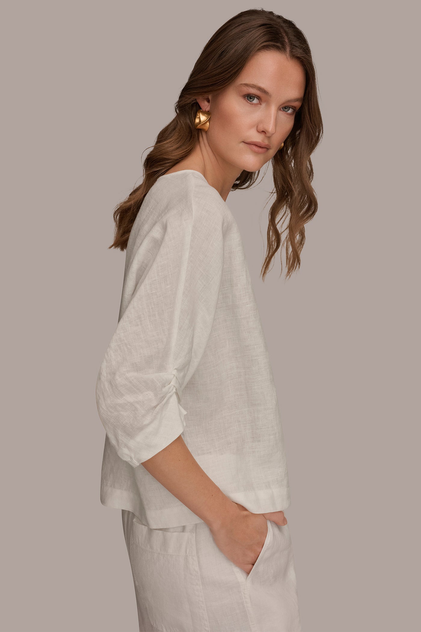 LINEN TWIST CUFF SLEEVE BLOUSE VIEW 3 | Donna Karan Weekend Tops