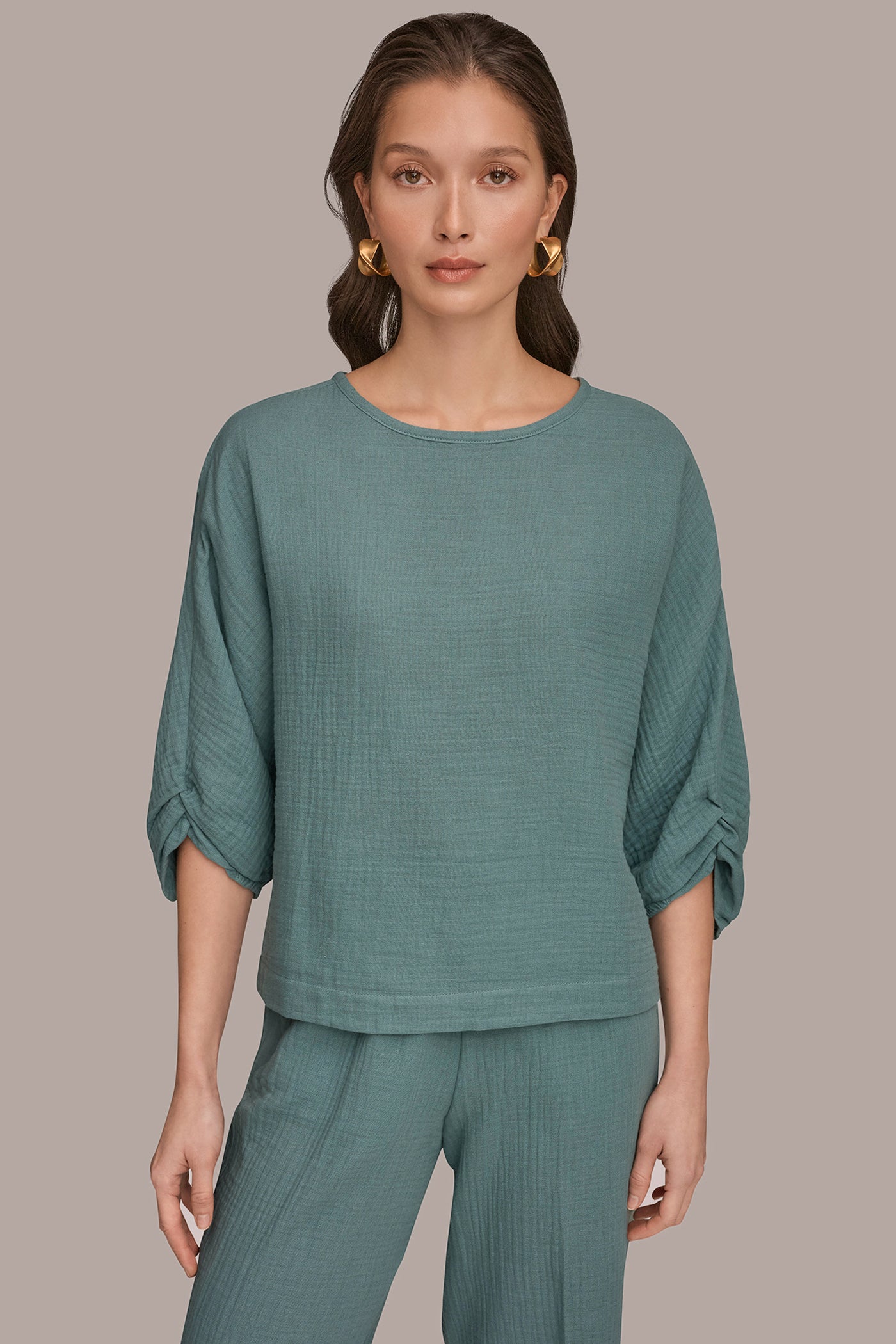 COTTON-GAUZE TWIST CUFF SLEEVE BLOUSE | View 1 | NEW DONNA KARAN WEEKEND