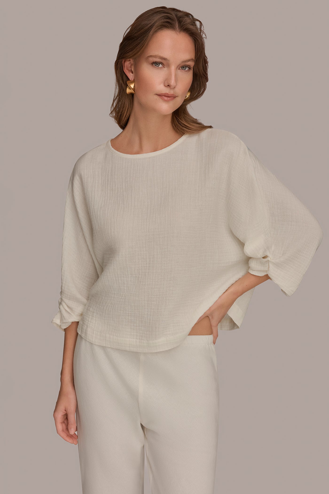 COTTON-GAUZE TWIST CUFF SLEEVE BLOUSE | View 1 | NEW DONNA KARAN WEEKEND