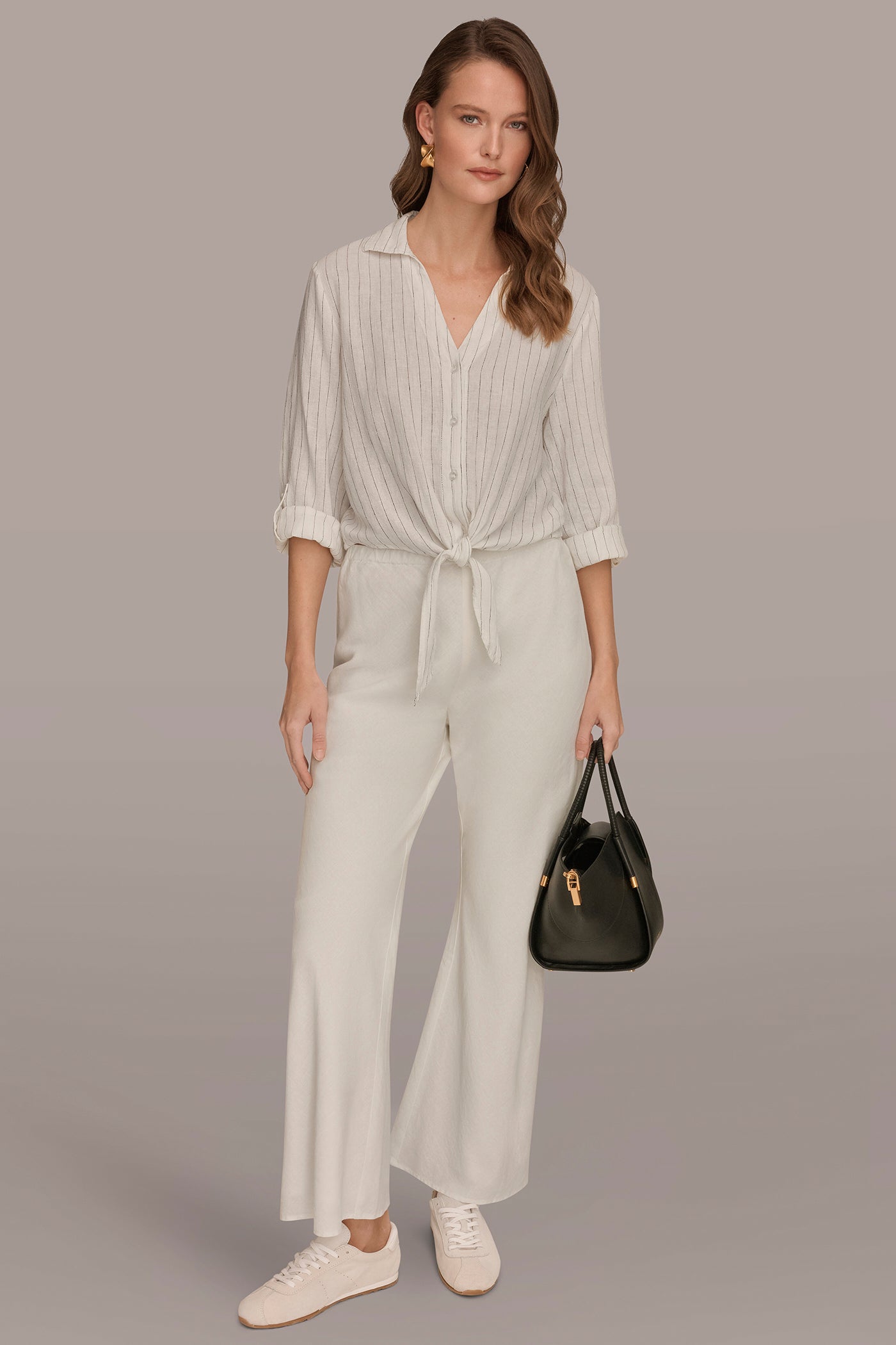 LINEN-BLEND ROLL-TAB SLEEVE TIE-FRONT BLOUSE VIEW 7 | Tops