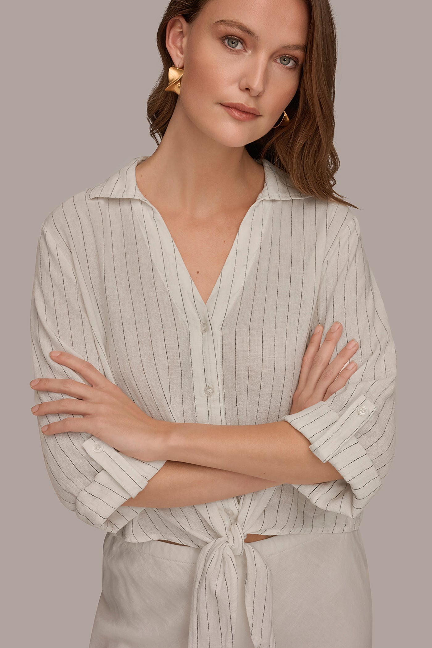 LINEN-BLEND ROLL-TAB SLEEVE TIE-FRONT BLOUSE VIEW 4 | Tops