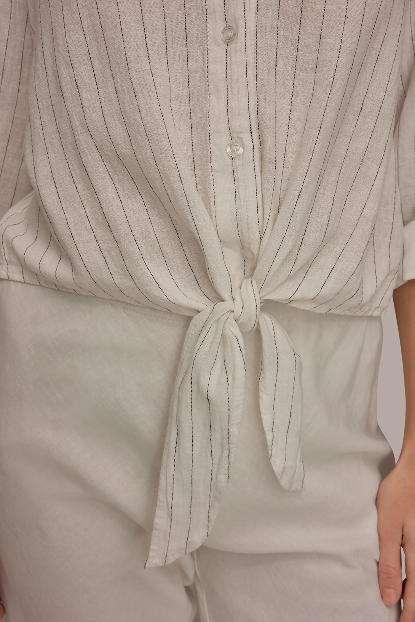 LINEN-BLEND ROLL-TAB SLEEVE TIE-FRONT BLOUSE VIEW 5 | Tops