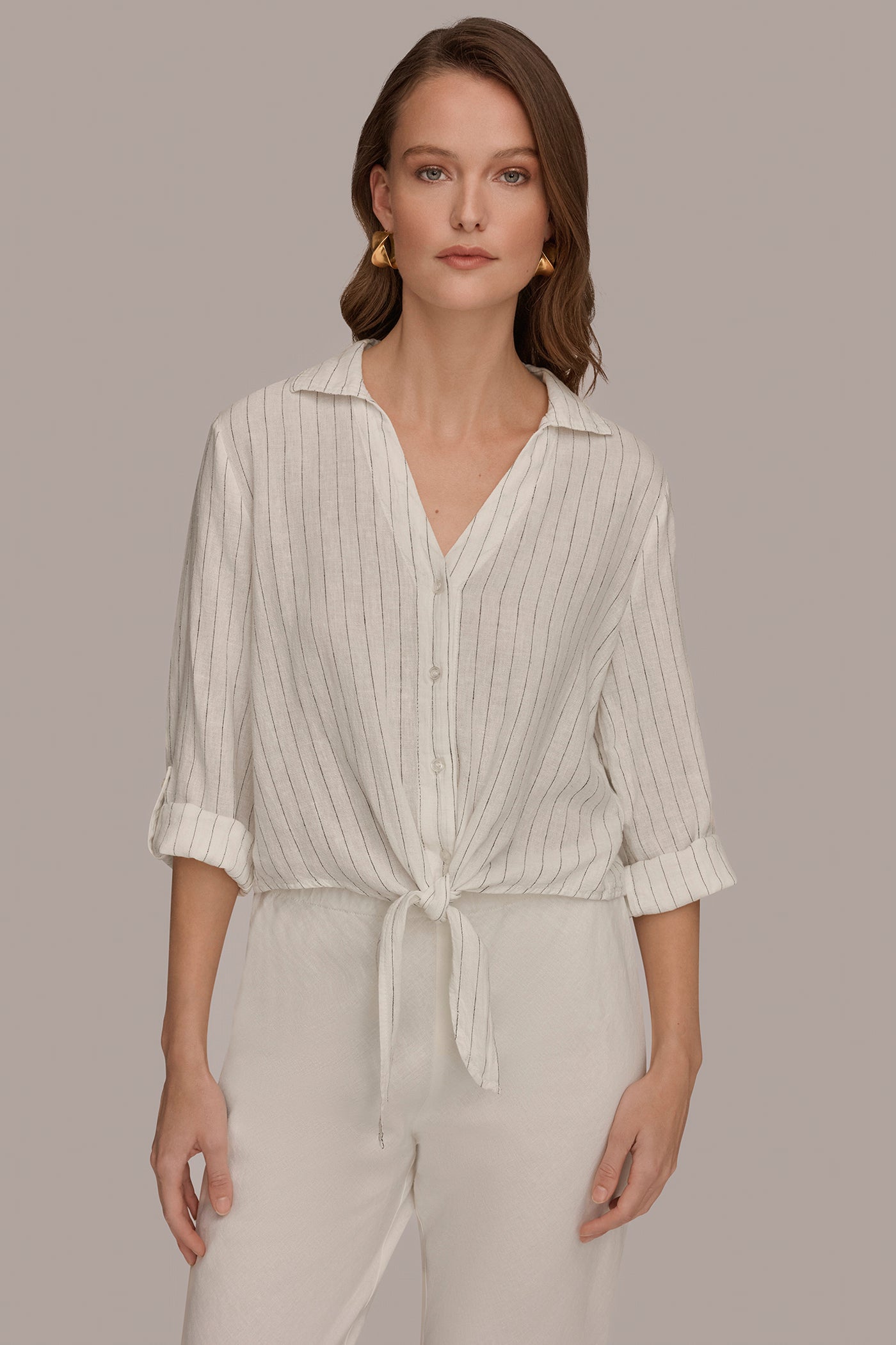 LINEN-BLEND ROLL-TAB SLEEVE TIE-FRONT BLOUSE | View 1 | Donna Karan Weekend