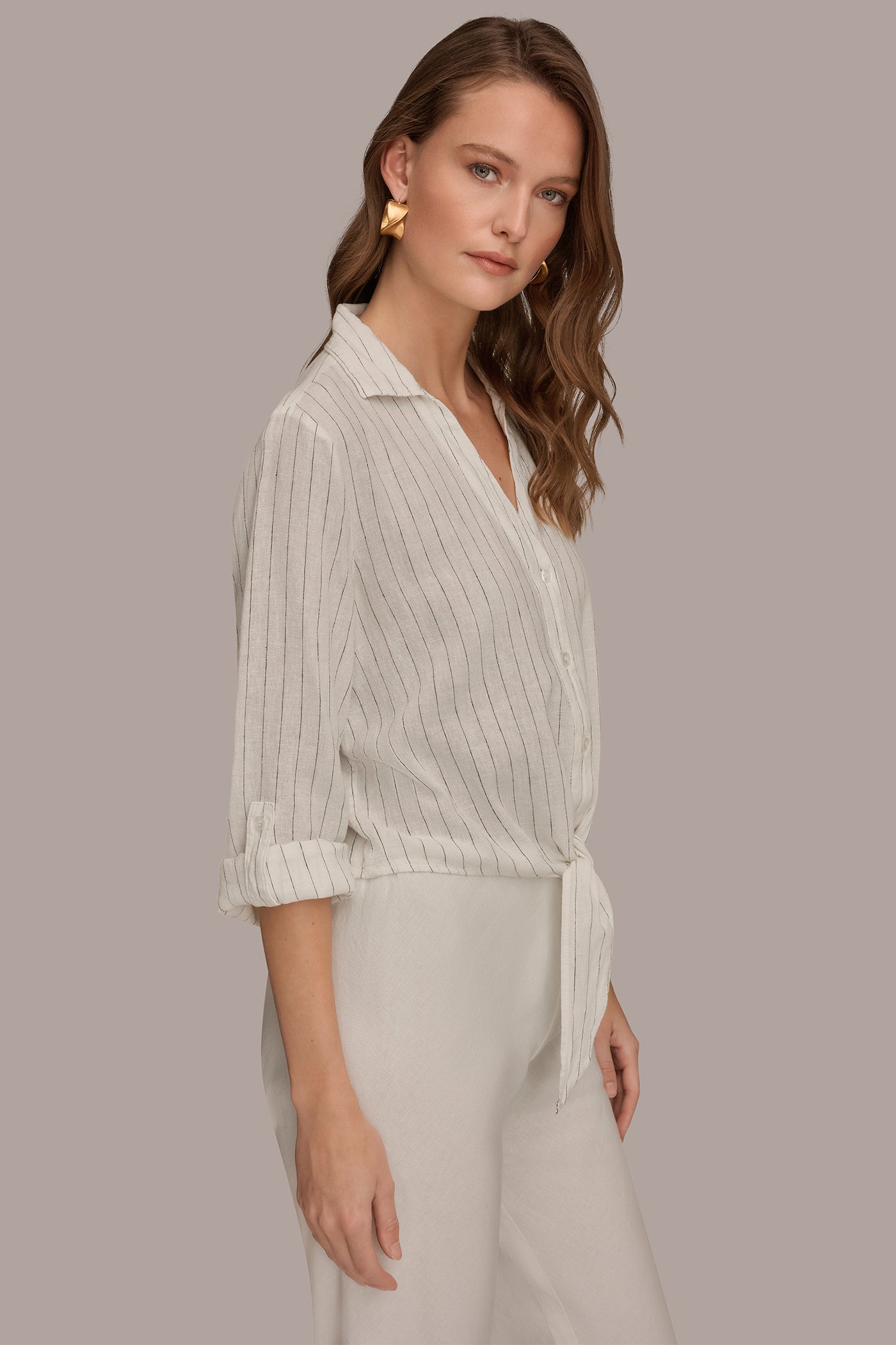 LINEN-BLEND ROLL-TAB SLEEVE TIE-FRONT BLOUSE VIEW 3 | Tops