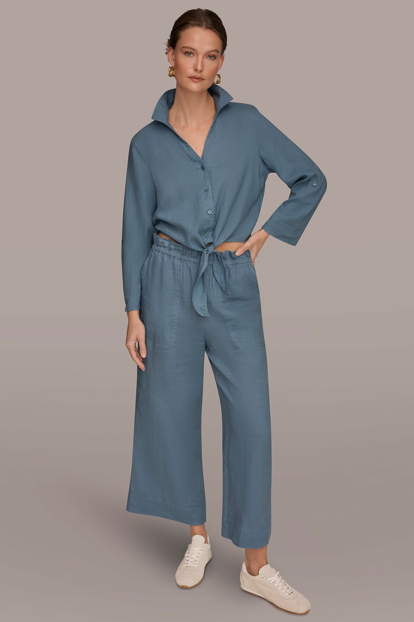 LINEN-BLEND ROLL-TAB SLEEVE TIE-FRONT BLOUSE VIEW 6 | Tops