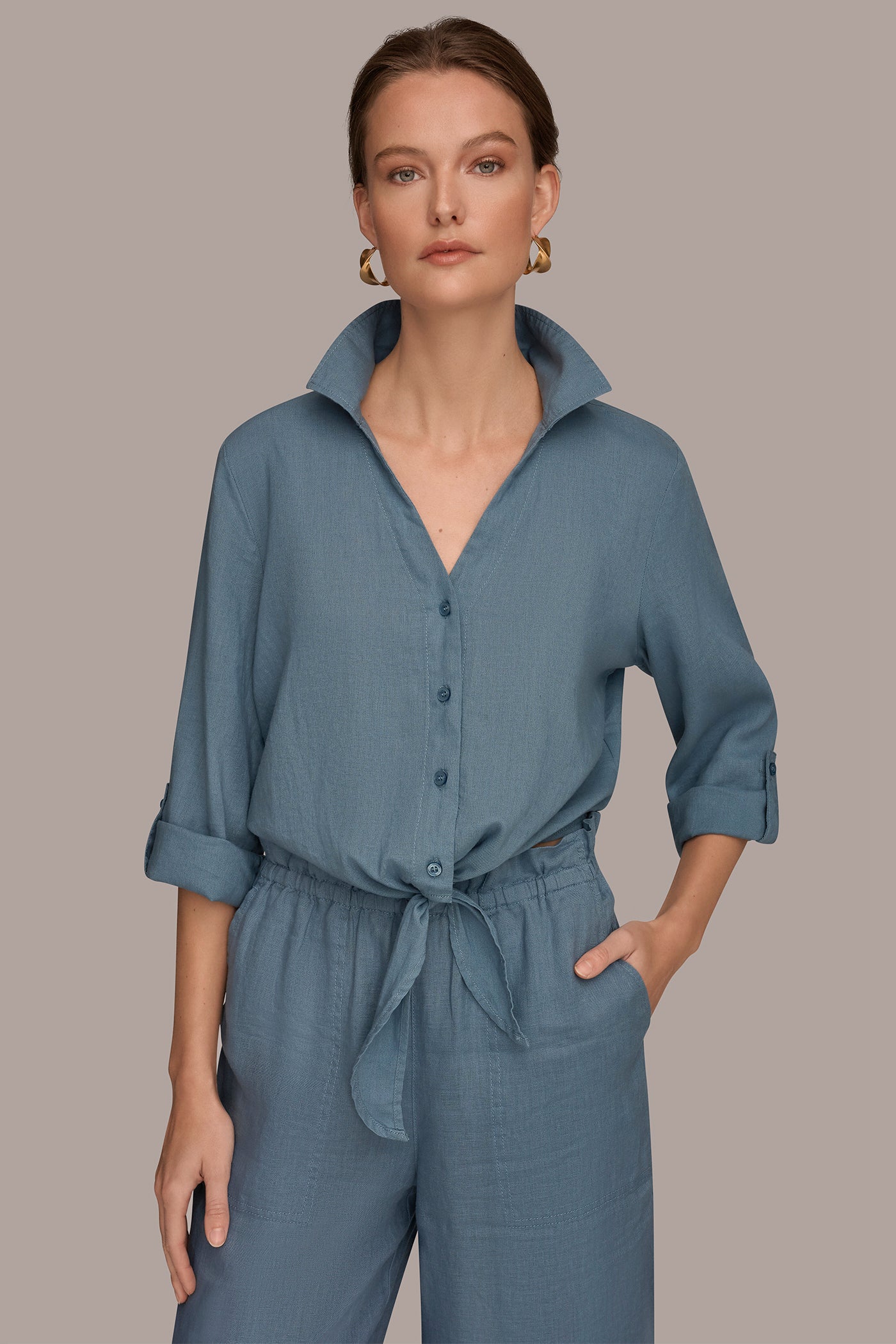 LINEN-BLEND ROLL-TAB SLEEVE TIE-FRONT BLOUSE | View 1 | Donna Karan Weekend
