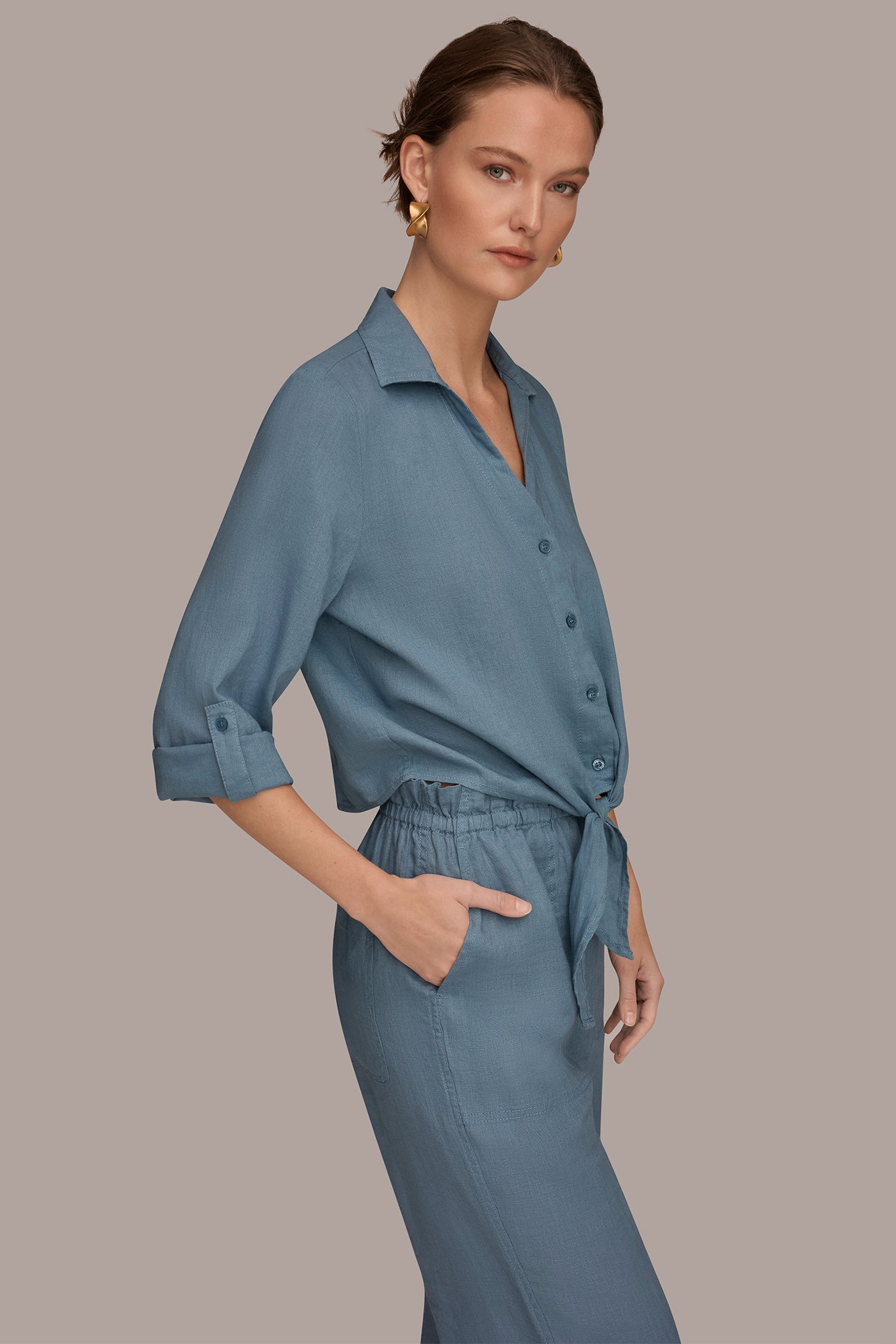 LINEN-BLEND ROLL-TAB SLEEVE TIE-FRONT BLOUSE VIEW 3 | Tops