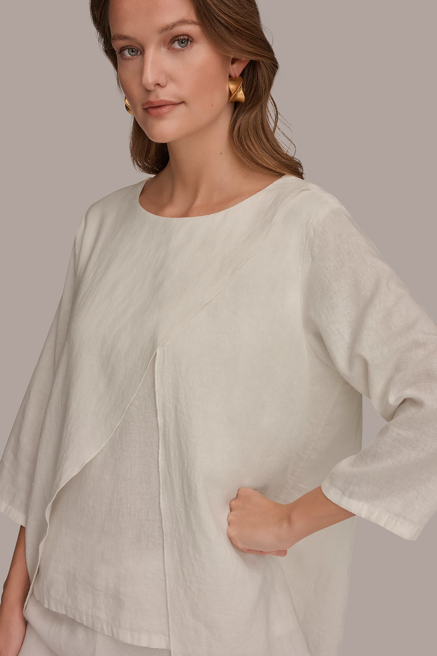 LINEN-BLEND WRAP-EFFECT OVERLAY BLOUSE VIEW 4 | Donna Karan Weekend Tops