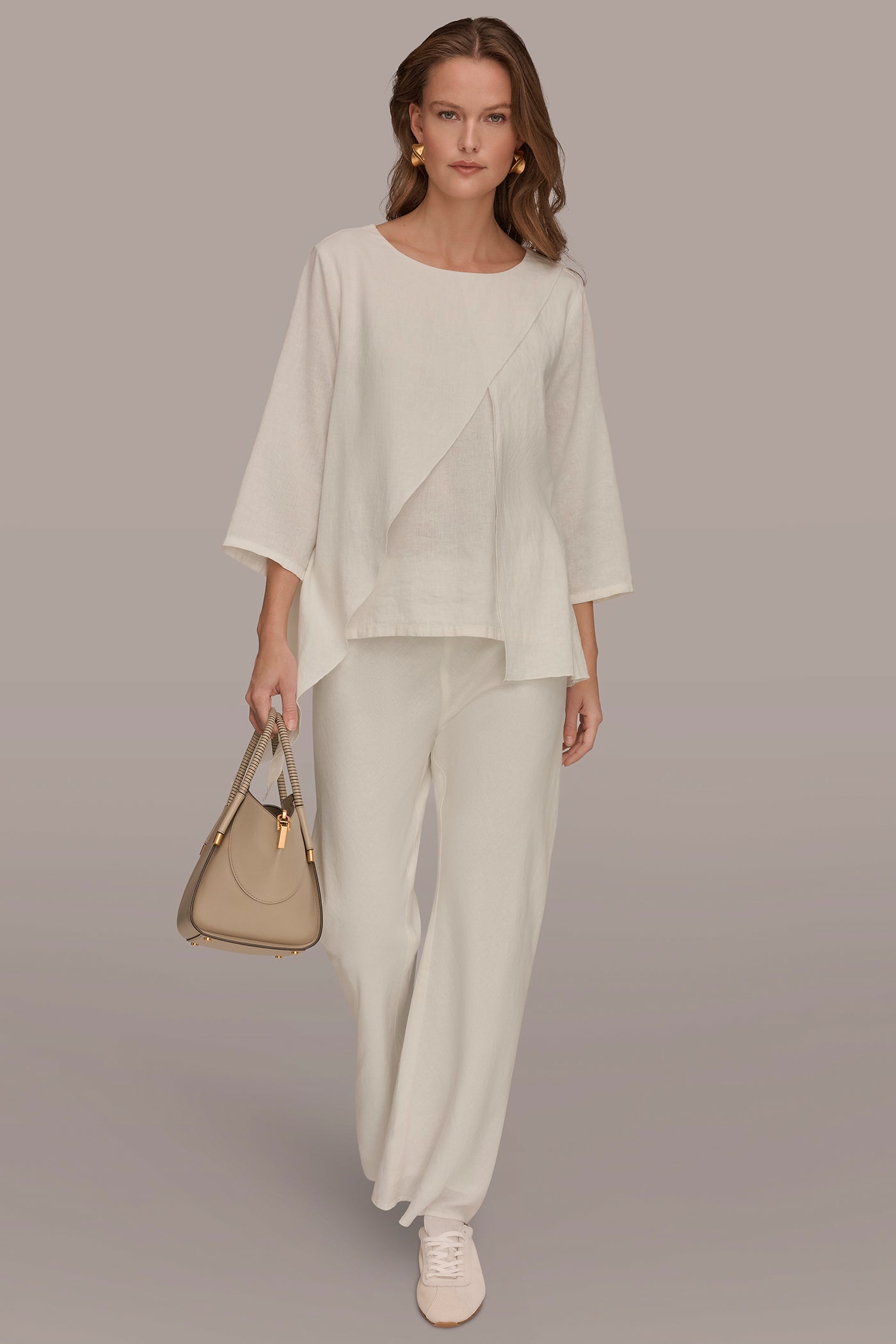 LINEN-BLEND WRAP-EFFECT OVERLAY BLOUSE VIEW 6 | Donna Karan Weekend Tops