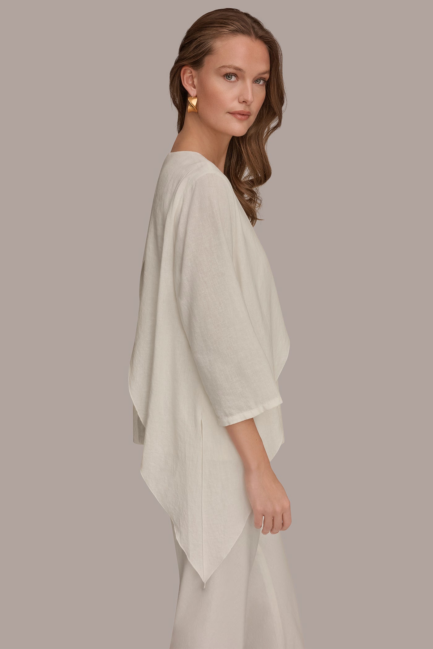 LINEN-BLEND WRAP-EFFECT OVERLAY BLOUSE VIEW 3 | Donna Karan Weekend Tops