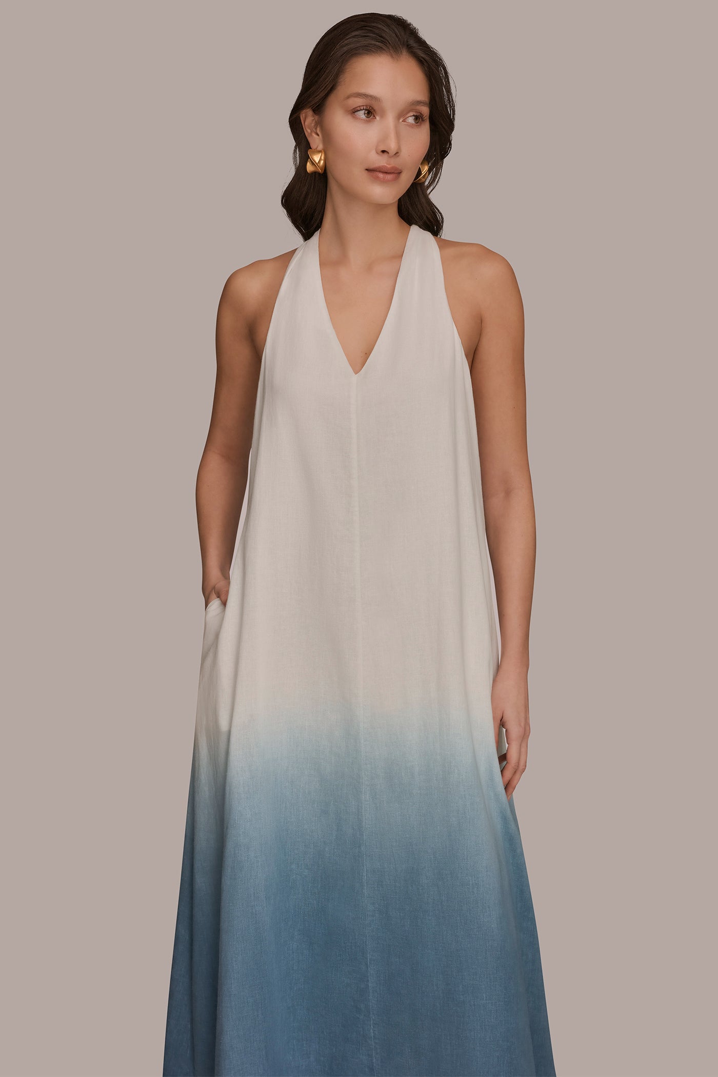 LINEN-BLEND SLEEVELESS OMBRÉ TWIST-BACK MIDI HALTER DRESS VIEW 4 | New clothing