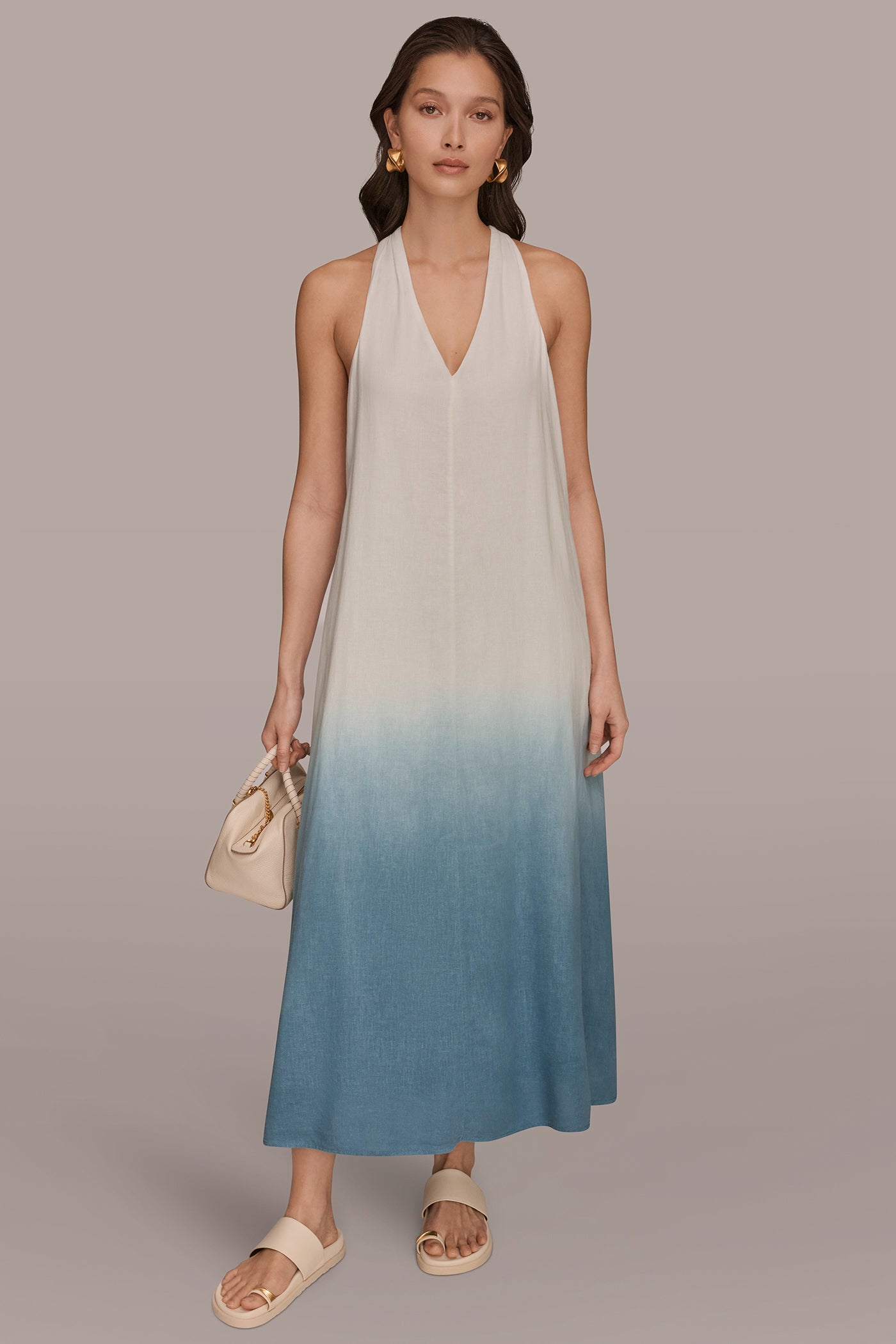 LINEN-BLEND SLEEVELESS OMBRÉ TWIST-BACK MIDI HALTER DRESS | View 1 | NEW DONNA KARAN WEEKEND