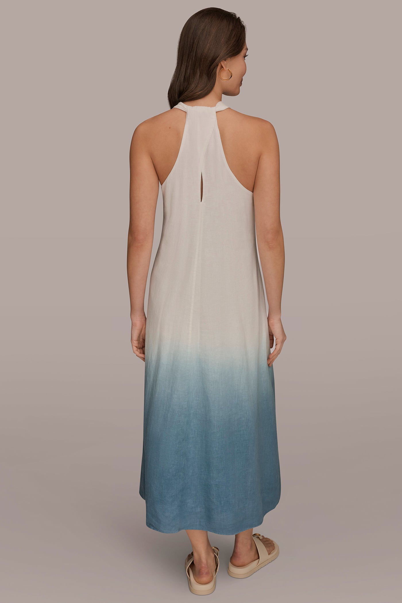 LINEN-BLEND SLEEVELESS OMBRÉ TWIST-BACK MIDI HALTER DRESS | View 2 | NEW DONNA KARAN WEEKEND